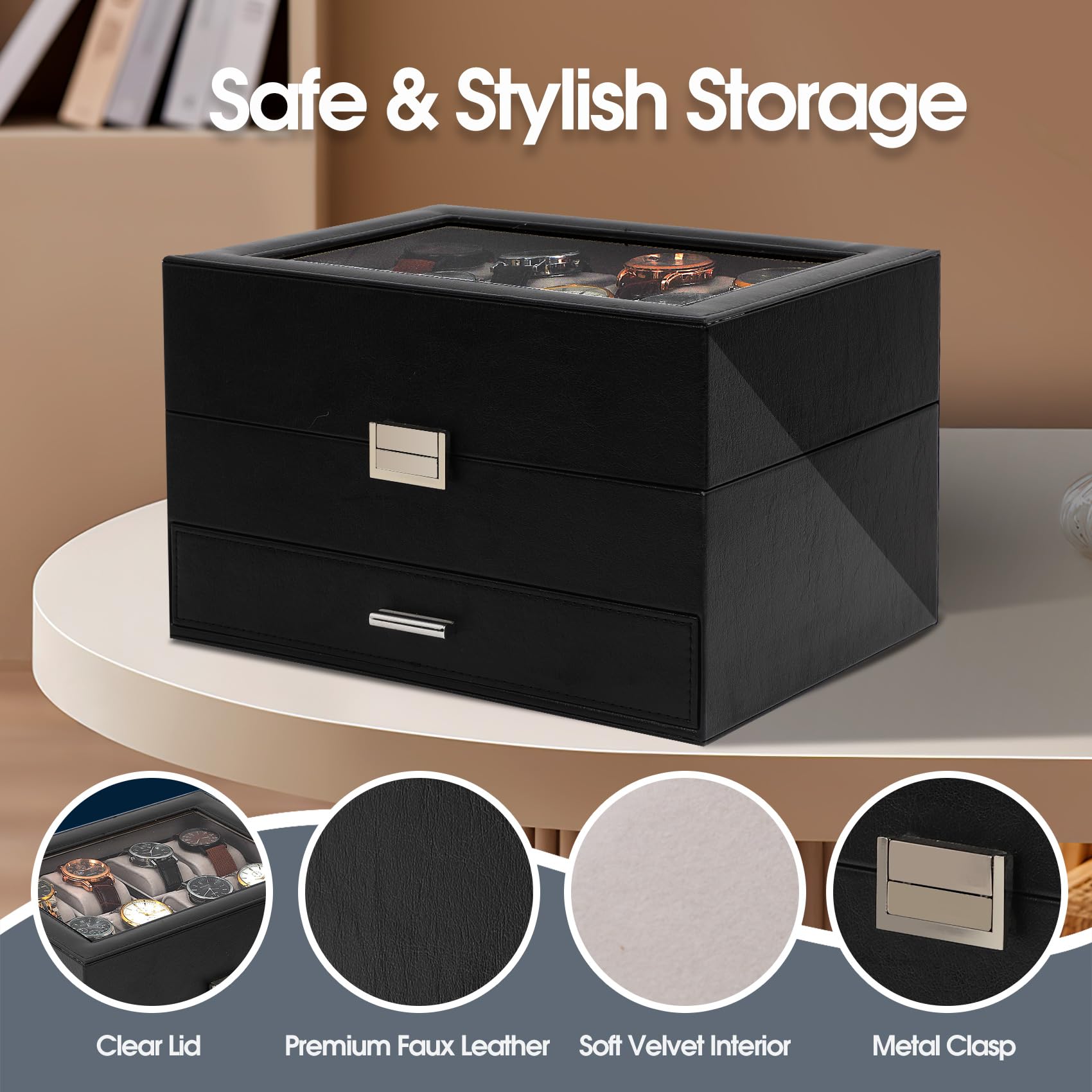 Dajasan 8-Slot Watch Box for Men - 3-Layer PU Leather Watch Display Case with Sunglass Storage Organizer - Perfect for Rings, Jewelry & Gift Giving (Black) - Ideal for Watch Collectors & Travel Storage