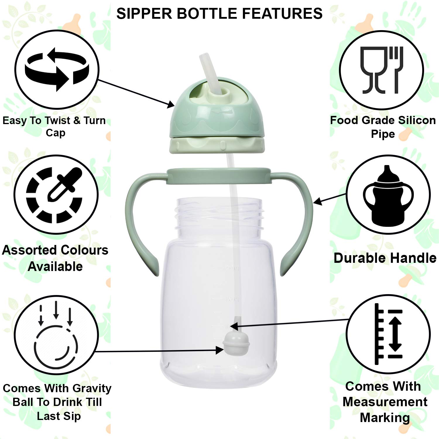 Spill-Proof Kids Water Bottle with Gravity Ball Straw & Handles - 250ml Transparent Green Baby Cup | Ideal for Toddlers, Daycare, Travel & Outdoor Activities