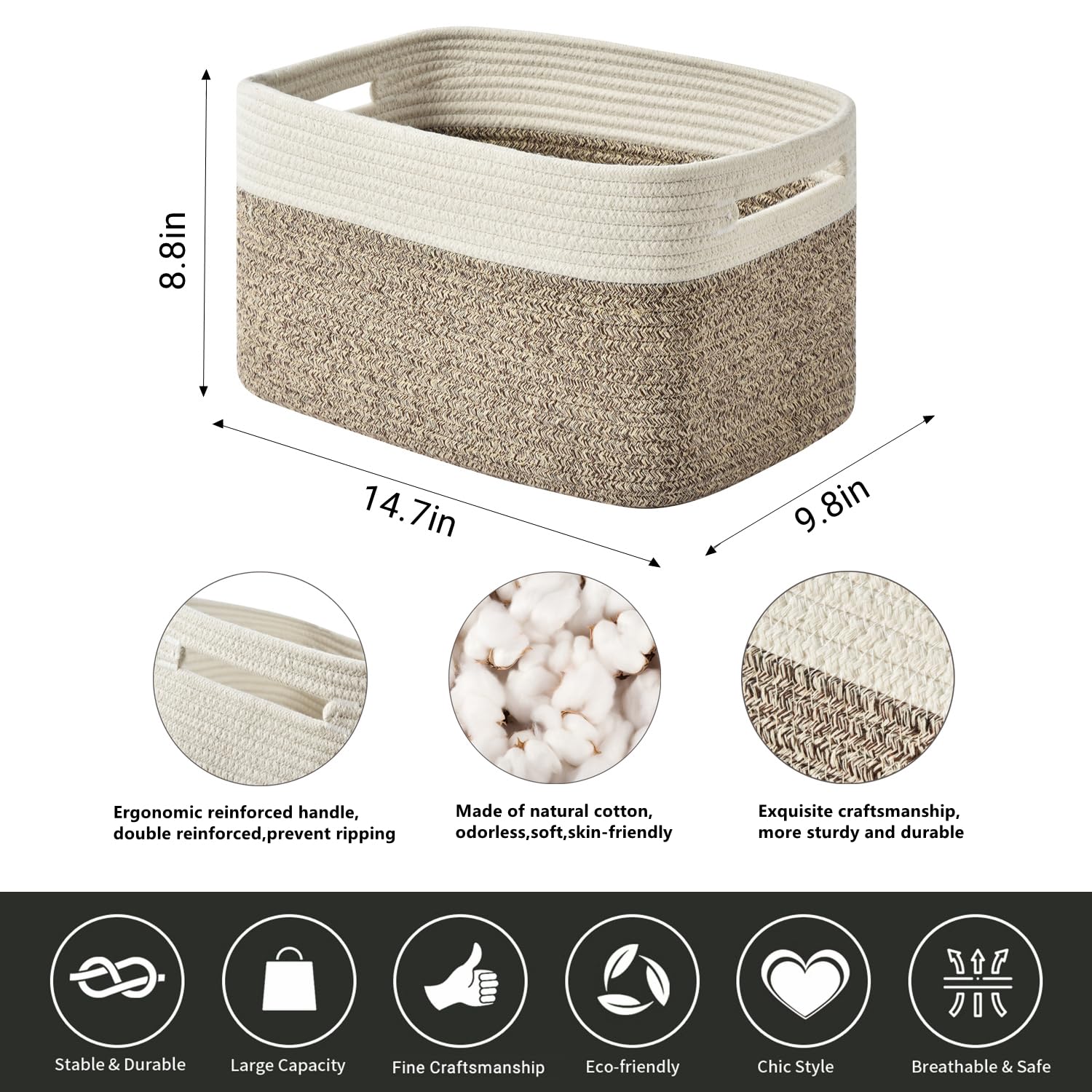 Woven Cotton Rope Storage Baskets - 3 Pack, Brown | Decorative Organizing Bins for Shelves, Books, Towels & Toys | Perfect for Living Room, Bedroom & Bathroom Organization