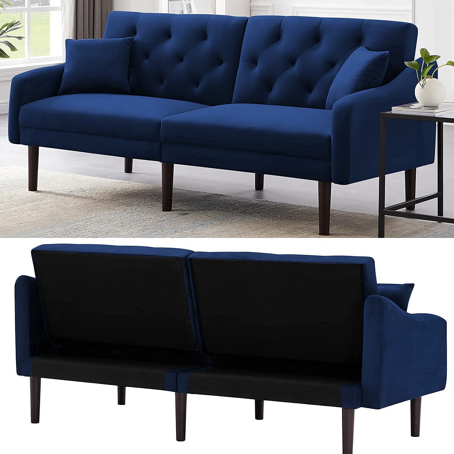 Goujxcy Convertible Futon Sofa Bed - Velvet Sleeper Sofa with 2 Pillows & Armrests, Foldable Couch for Small Spaces - Perfect for Living Room, Bedroom, Dorm or Apartment | Multi-Functional Guest Bed & Lounge Chair