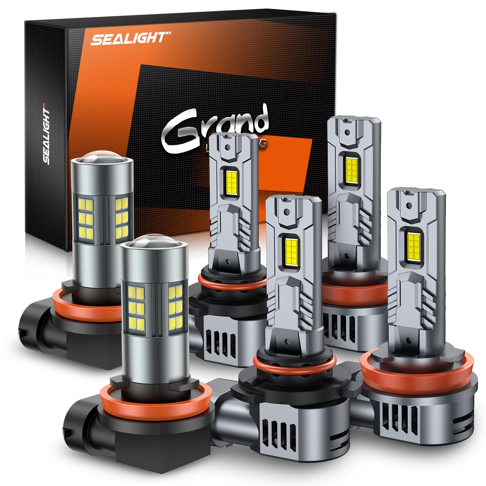 SEALIGHT 9005/HB3 H11/H8/H16 LED Fog Light Bulb Combo Pack of 6 - 360° Illumination Xenon White Car Lights for Trucks & SUVs - 14000RPM Cooling Fan, Plug-N-Play, Non-Polarity - Perfect for Night Driving and Off-Road Adventures