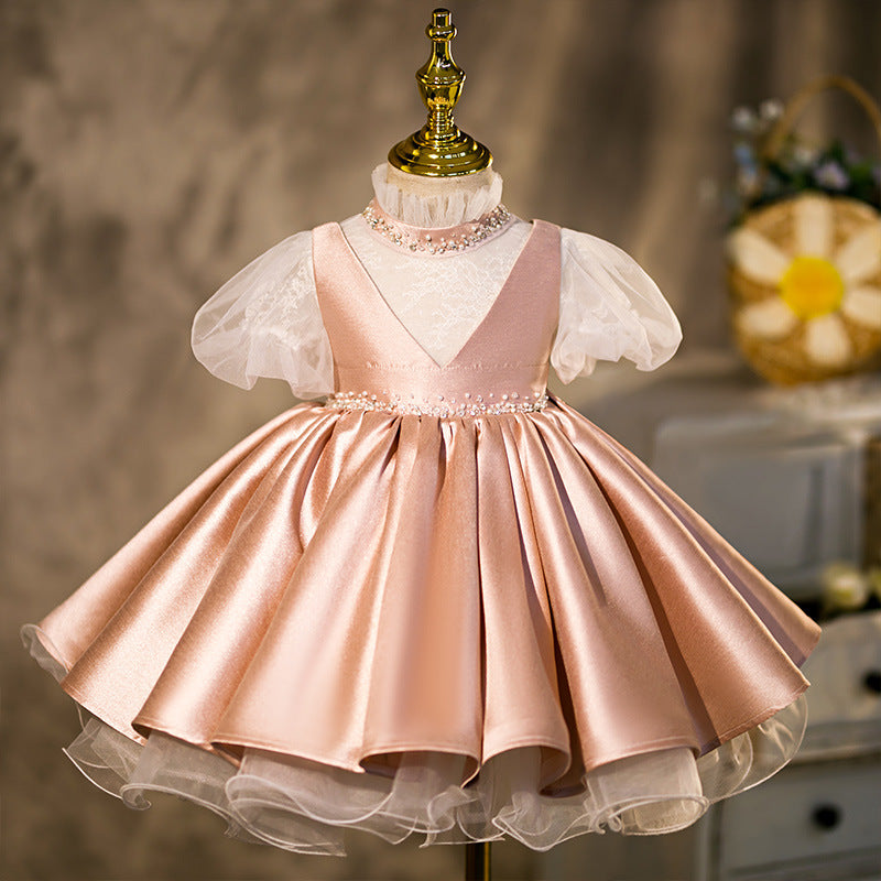 Champagne Princess Tea Length Satin Flower Girl Dress for Weddings, Baptisms & Special Occasions - Elegant Formal Party Gown for Kids