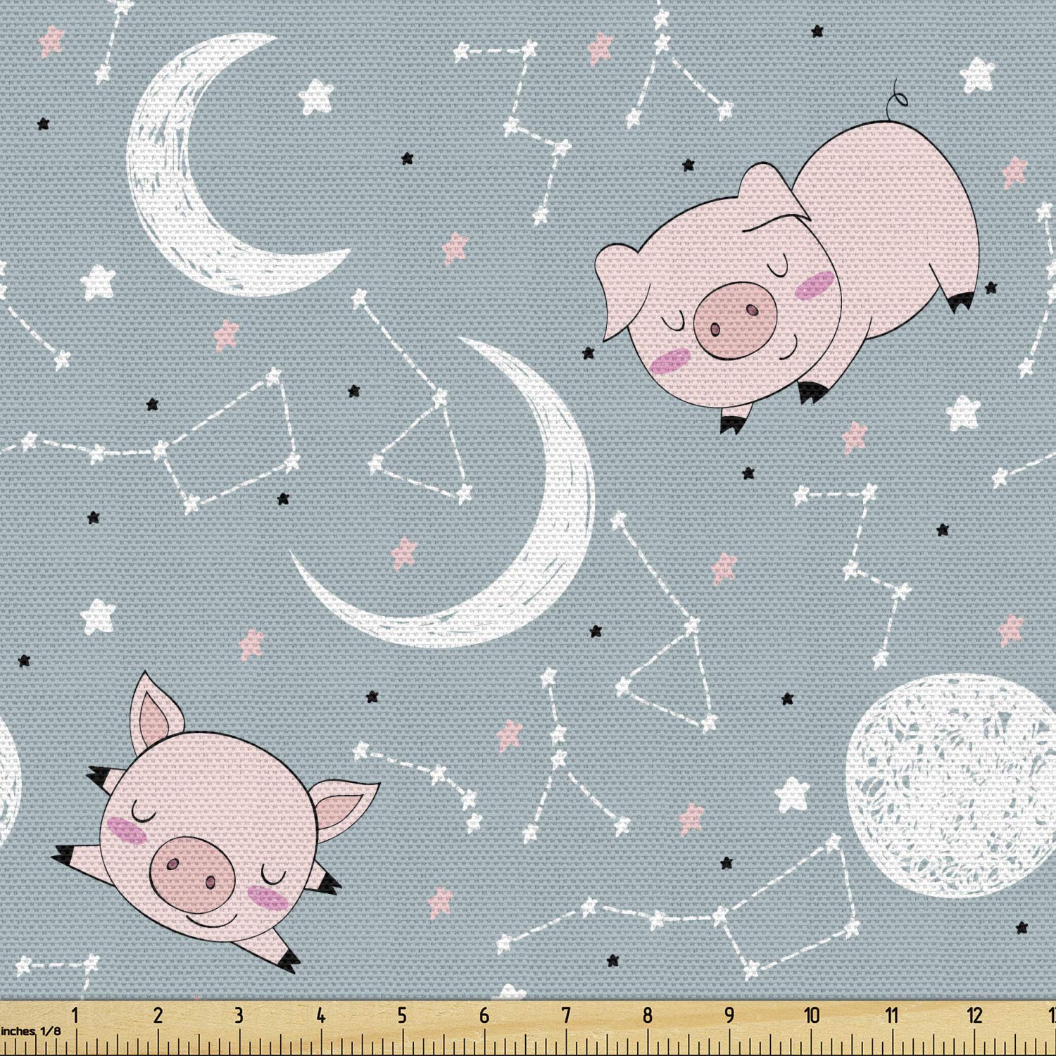 Ambesonne Cartoon Fabric by The Yard - Funny Pig Silhouettes with Stars, Moon & Planets Design - Decorative Upholstery Fabric for Sofa, Curtains & Home Decor (10 Yards, Rose Cadet Blue) - Perfect for Nursery, Bedroom & DIY Craft Projects