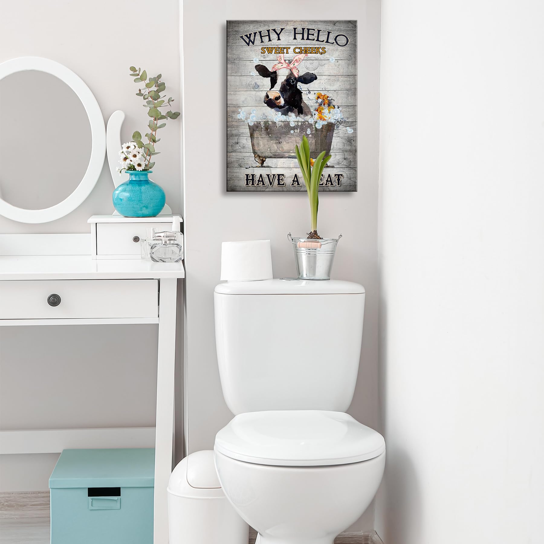 Funny Cow Bathroom Canvas Wall Art - Laundry Room Decor for Home & Office