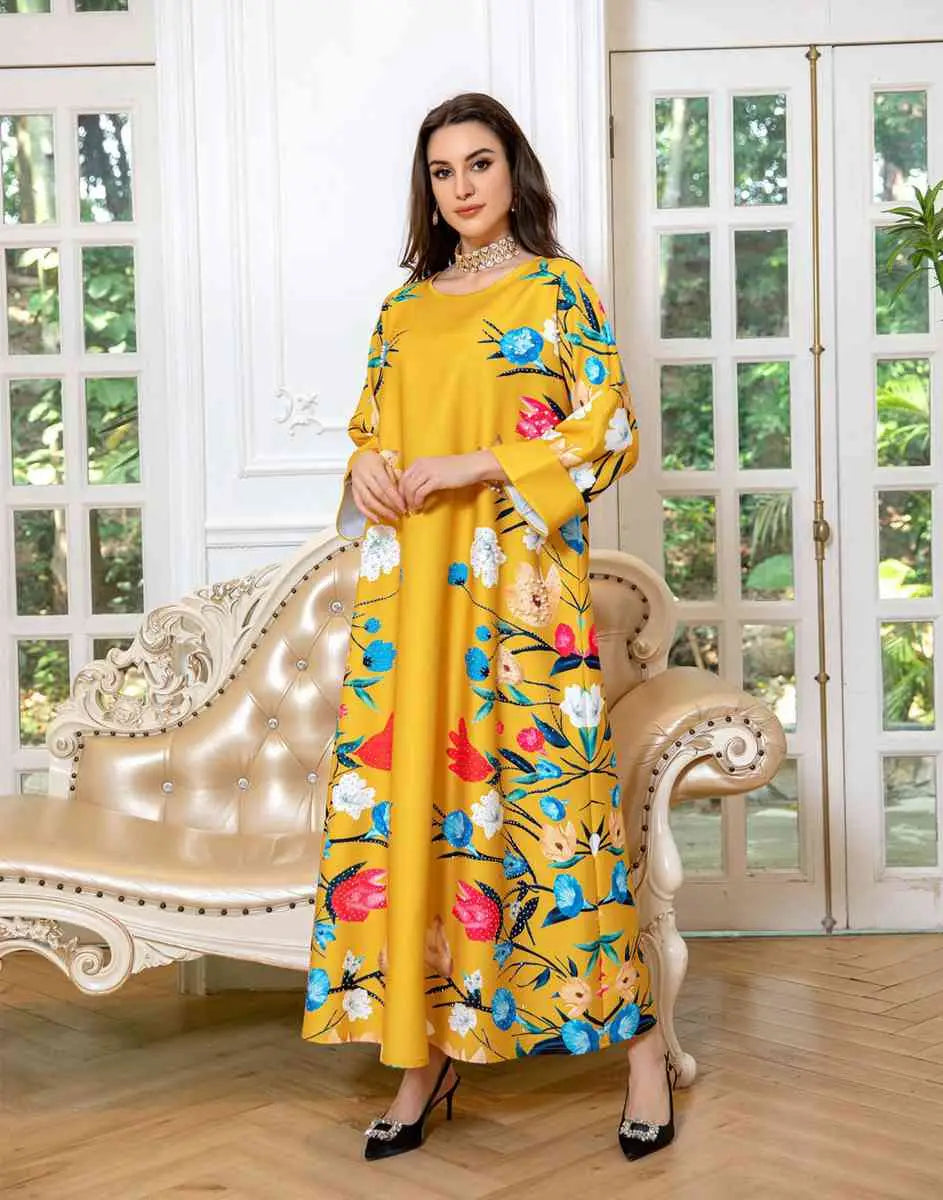 Elegant Eid Dress for Women - Arab Printed Kaftan Caftan Abaya Dress with Long Sleeves - Perfect for Eid Celebrations, Weddings & Special Occasions