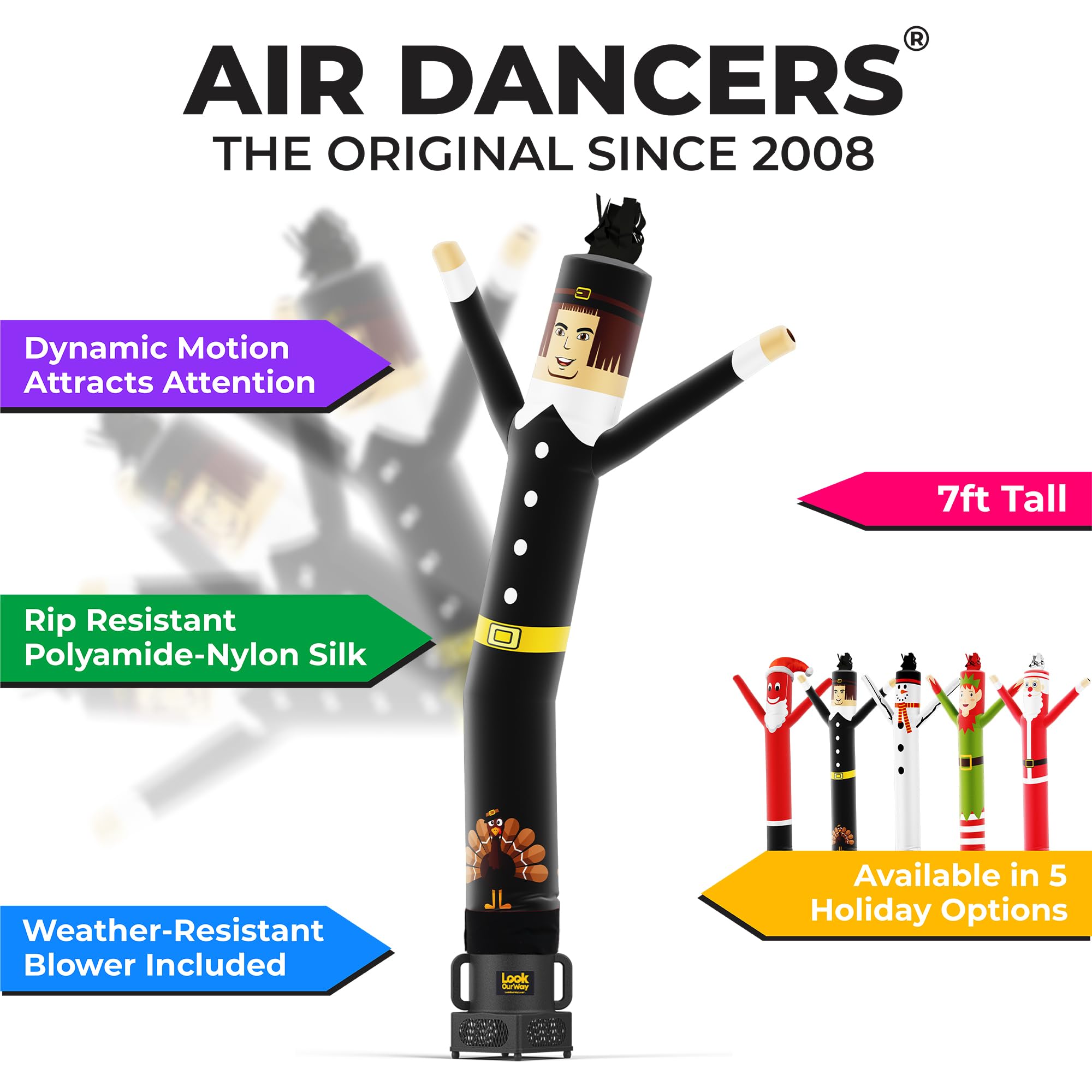 7ft Tall Wacky Waving Inflatable Air Dancer Tube Man with Blower - Thanksgiving Pilgrim Theme Decoration for Outdoor Advertising, Car Dealerships, and Holiday Events
