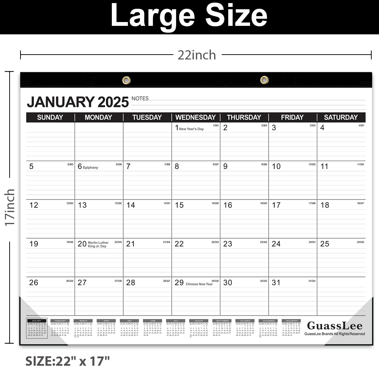GuassLee 2025-2026 18-Month Large Desk Calendar | Jan 2025 - Jun 2026 | 22x17 Inch Wall/Desktop Planner with Julian Dates, Notes Section & Corner Protectors | Perfect for School, Home & Office Organization