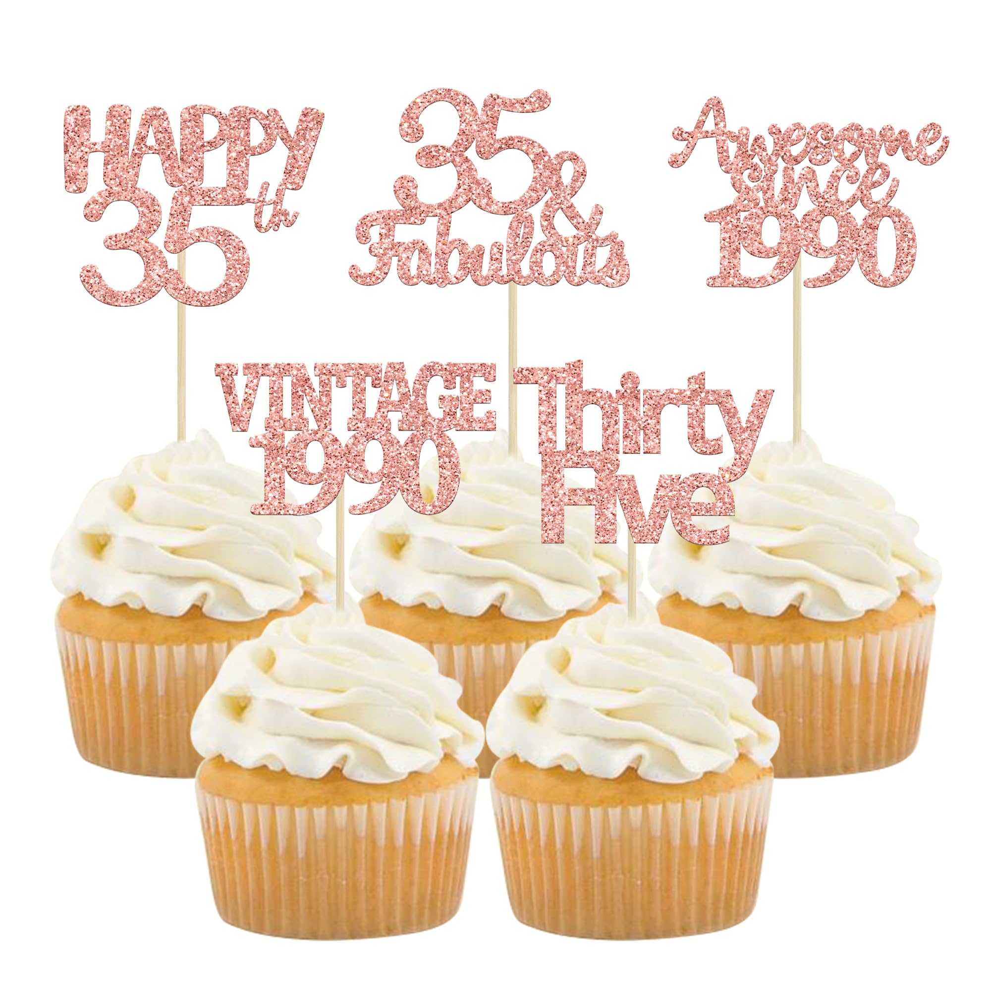 30Pcs Rose Gold 35th Birthday Cupcake Toppers - Glitter Number 35 Cake Decorations for Anniversary & Wedding Parties - Cheers to 35 Fabulous Years - Perfect for 35th Birthday Celebrations, Bridal Showers & Special Events