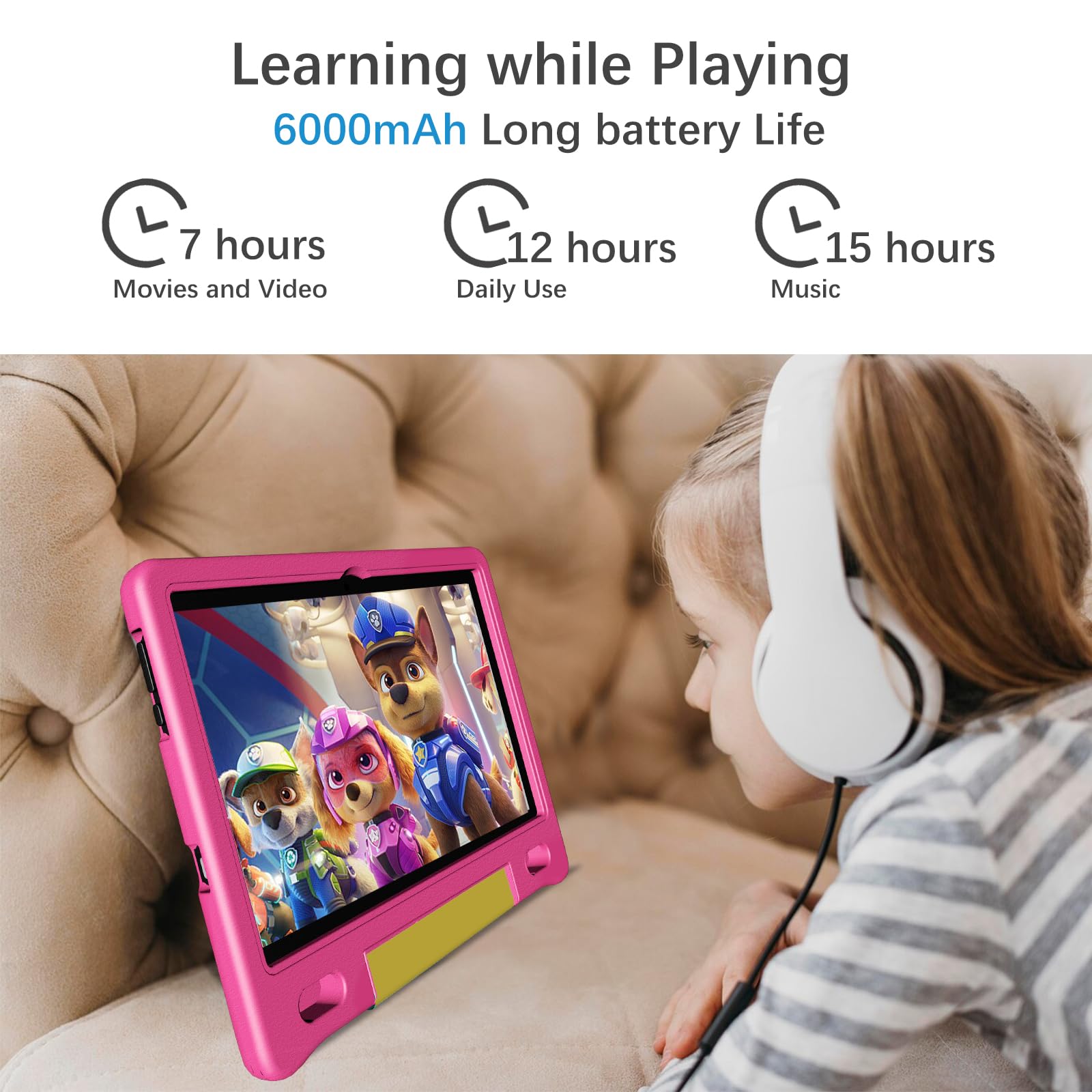 10 Inch Kids Tablet with Strap & Protective Case - Android 14 Octa-Core 64GB/1TB Expandable - Bluetooth WiFi Dual Camera 12-Hour Battery - Parental Control Toddler Learning Tablet for Home & Travel Use