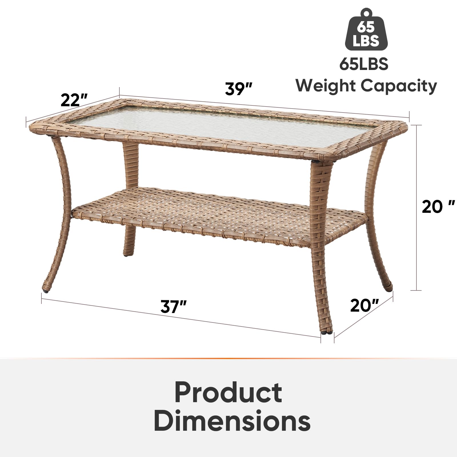 Outdoor Coffee Table - Rattan Wicker Patio Table with Tempered Glass Top & 2-Tier Storage for Deck, Porch, Balcony, Garden - Yellow | Perfect for Outdoor Lounging, Entertaining & Small Space Storage