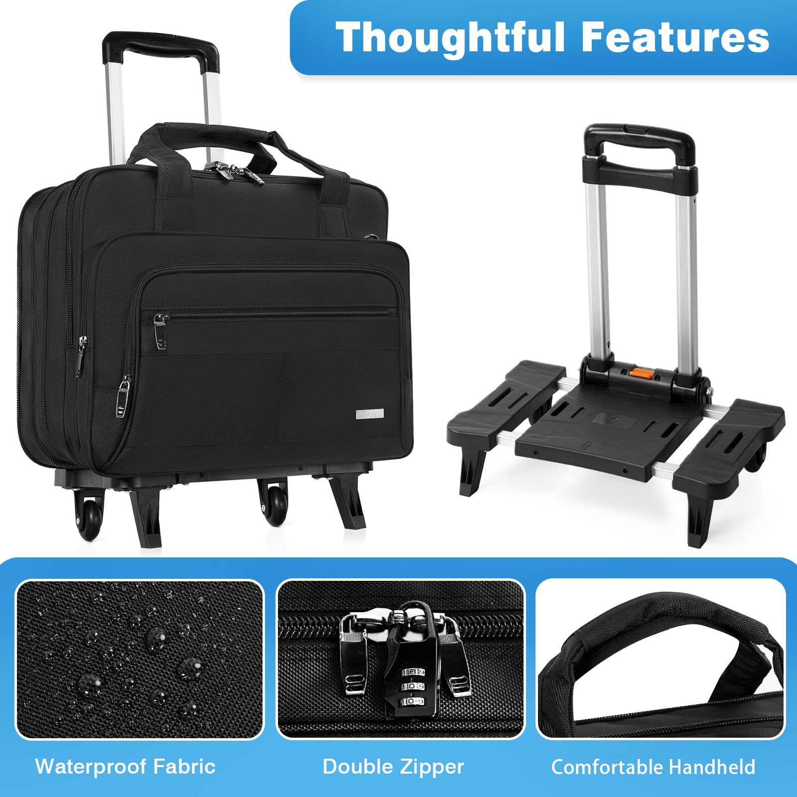 GMAK 16.5 Inch Rolling Laptop Bag for Women & Men - Wheeled Briefcase with Removable Trolley, Durable Computer Bag for Work, Business, Travel, Overnight Trips, and Carry-On Convenience, Black