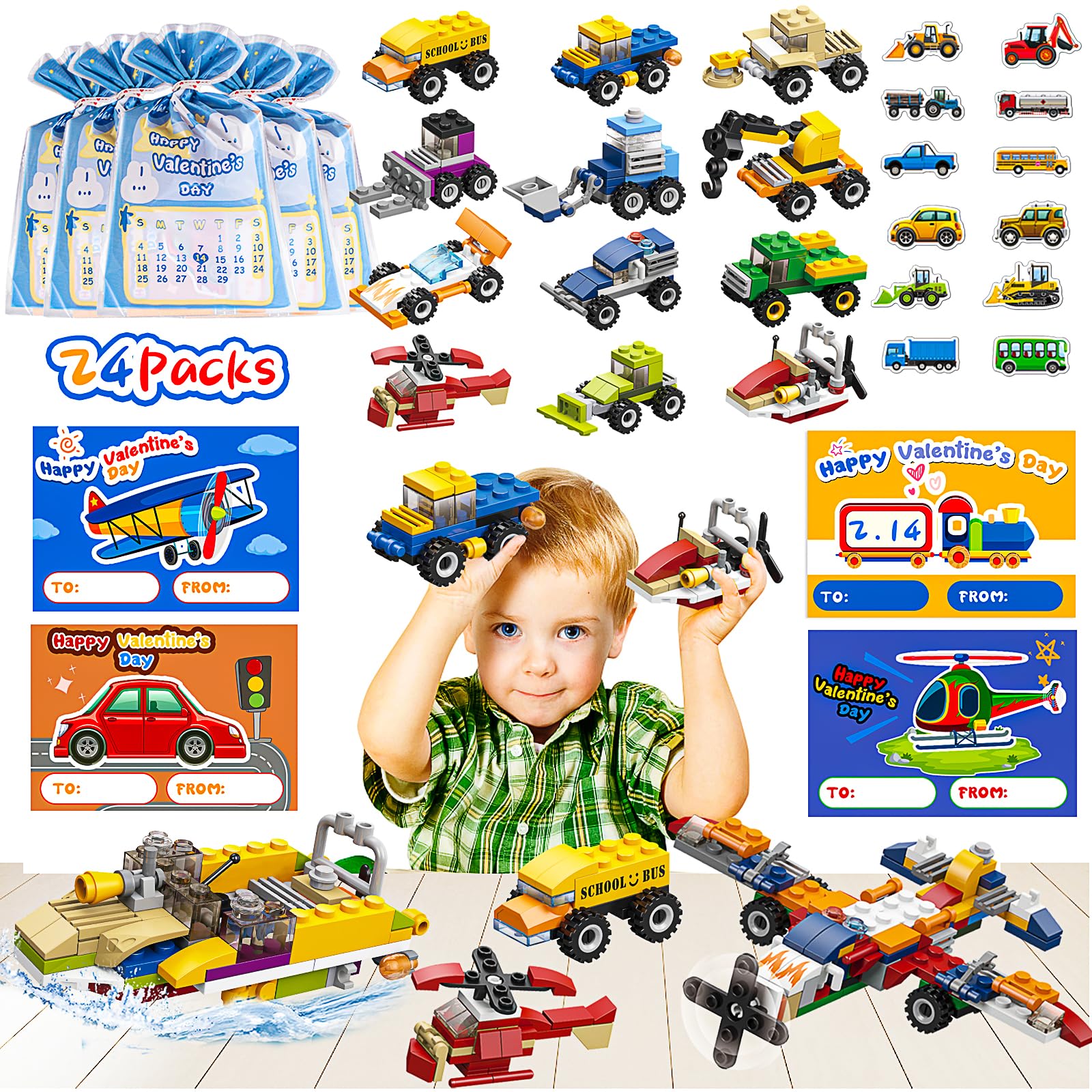 24 Pack Valentine's Day Building Blocks for Kids Ages 4-8 - Classroom Party Favors, Goodie Bag Fillers & Prize Box Toys - Perfect for School Celebrations, Birthday Parties & Classroom Rewards