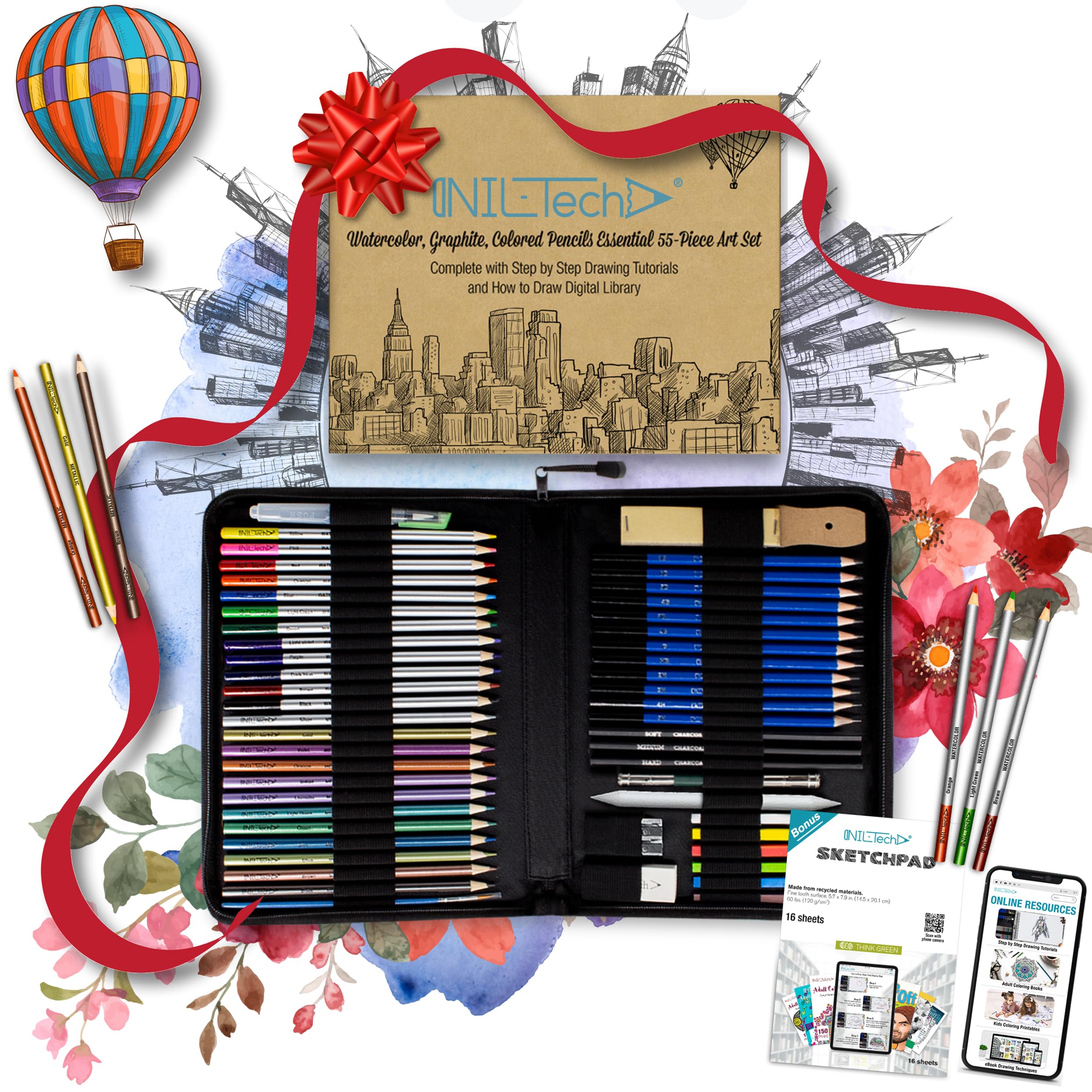 Premium 55-Piece Drawing Pencils Set for Artists - Professional Sketch, Charcoal & Graphite Pencils for Kids, Teens & Adults | Includes Free Digital Drawing Tutorials eBook & Sketchbook | Perfect for Art Classes, DIY Projects & Creative Gifts