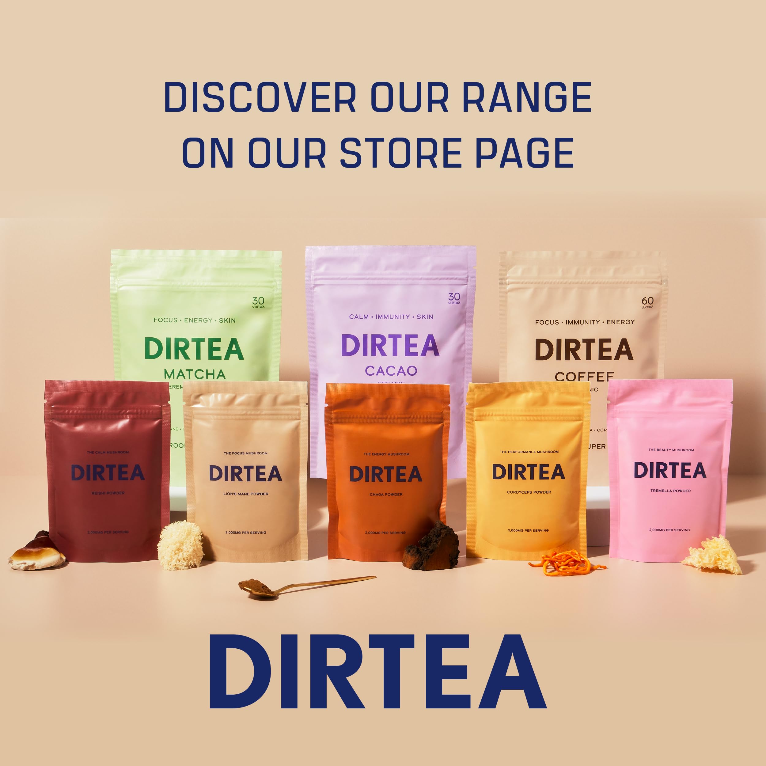 DIRTEA Organic Lion's Mane Mushroom Powder Supplement | 2,000mg per Serving | Vegan, Non-GMO | Supports Focus, Memory & Immune System | High Strength with Zinc | 240g (120 Servings) | Brain Booster for Work, Study & Mental Clarity