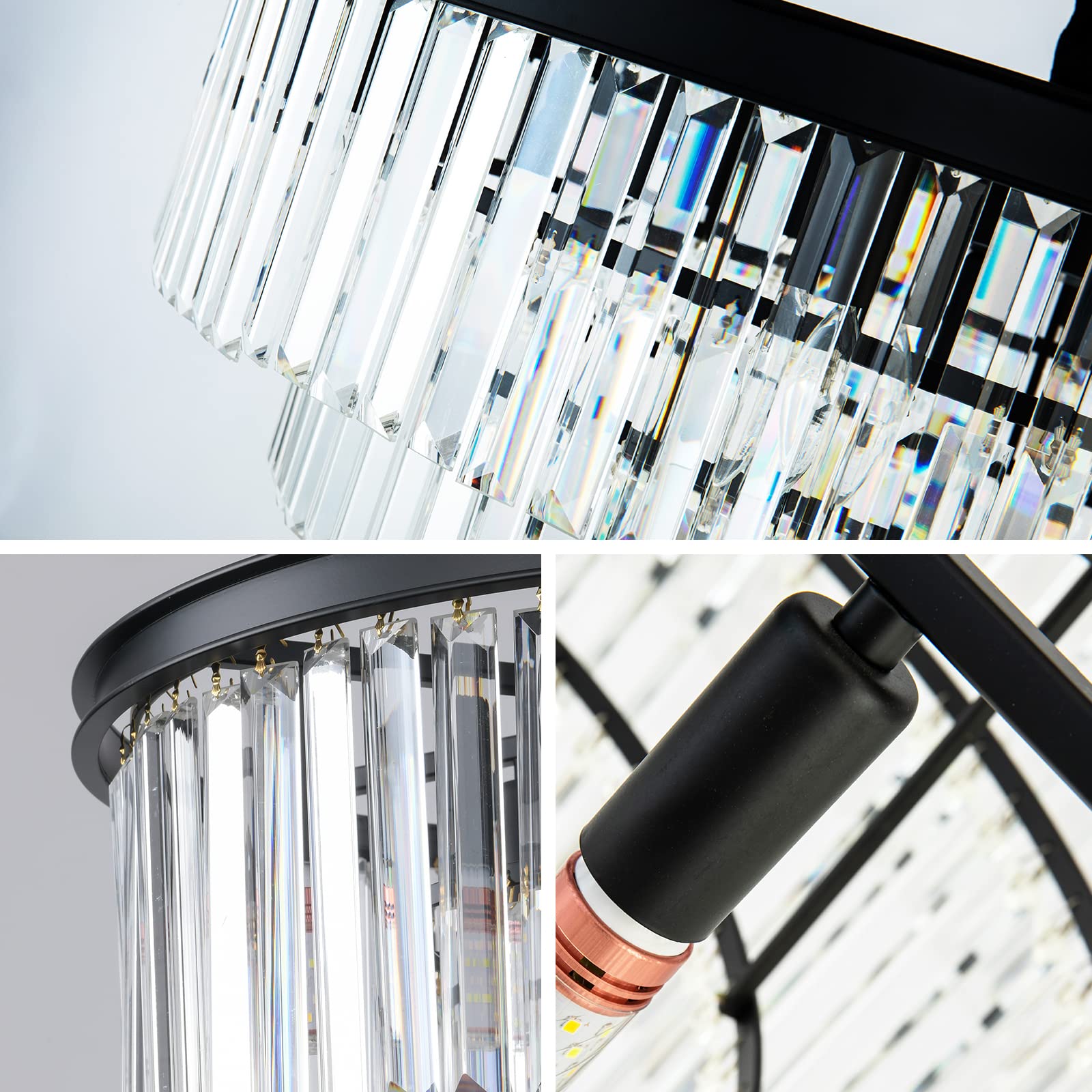 Modern Black Crystal Chandelier - 3-Tier Round Flush Mount Ceiling Light with Adjustable Height, Elegant Pendant Lighting for Dining Room, Living Room, Bedroom, Kitchen & Hotel Foyer | Perfect for Home Decor, Wedding Venues and Luxury Interior Design