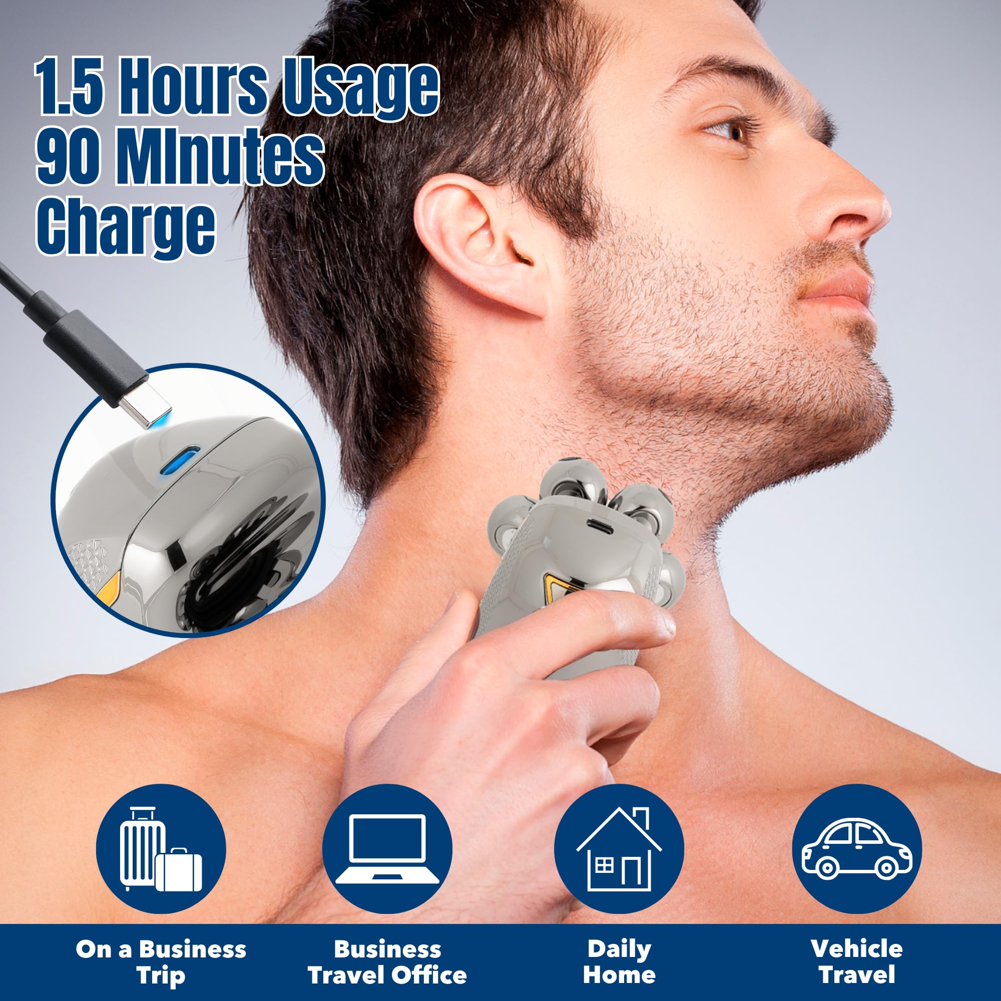 LASTBP 7D Rotary Electric Head Shaver for Bald Men - Waterproof Rechargeable Shaver with Detachable Heads for Smooth Shaving | Perfect for Travel, Gym & Daily Grooming Routine