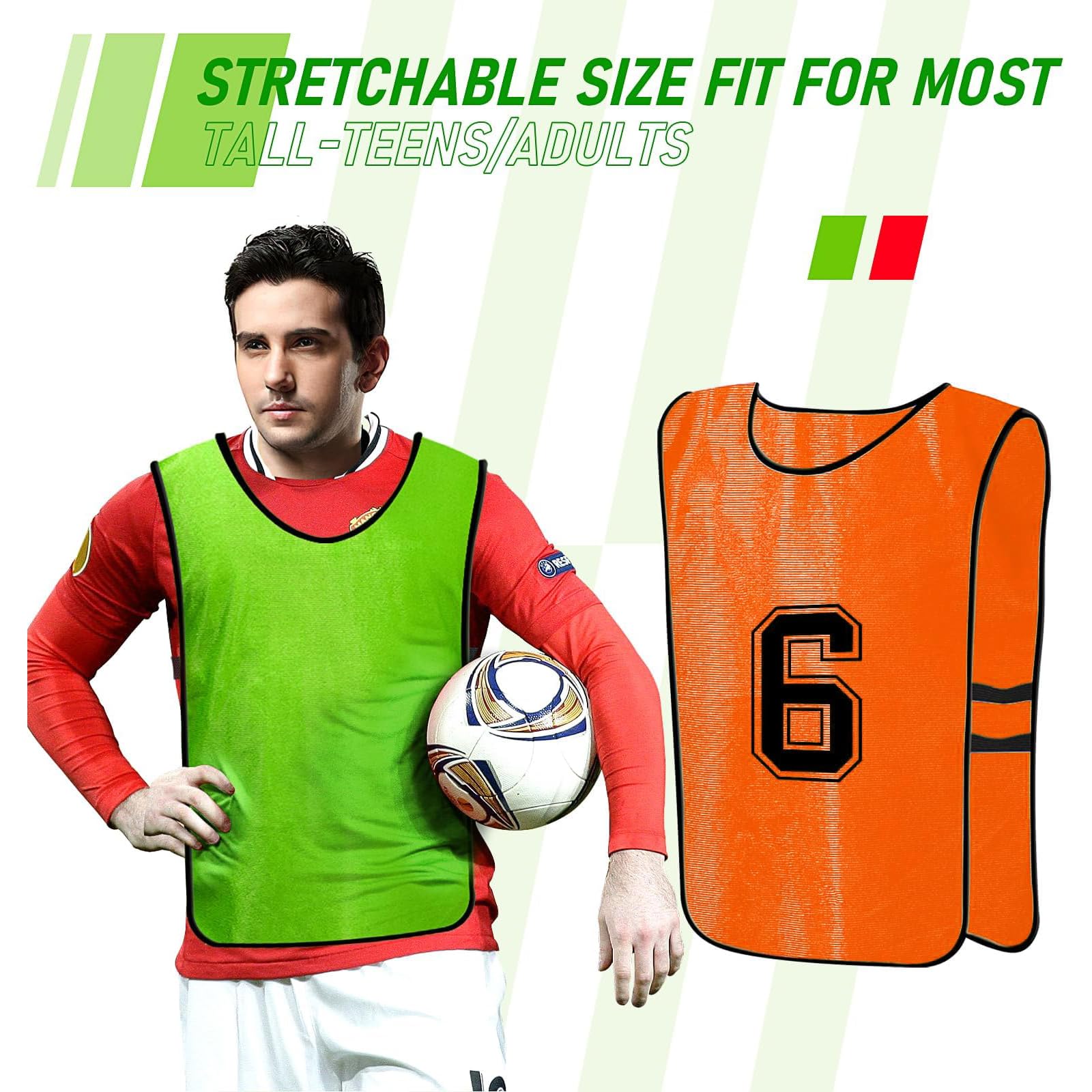 24 Pcs Reversible Scrimmage Vests for Soccer, Basketball & Football - Numbered Training Bibs/Pinnies for Team Sports Practice, Games & PE Classes