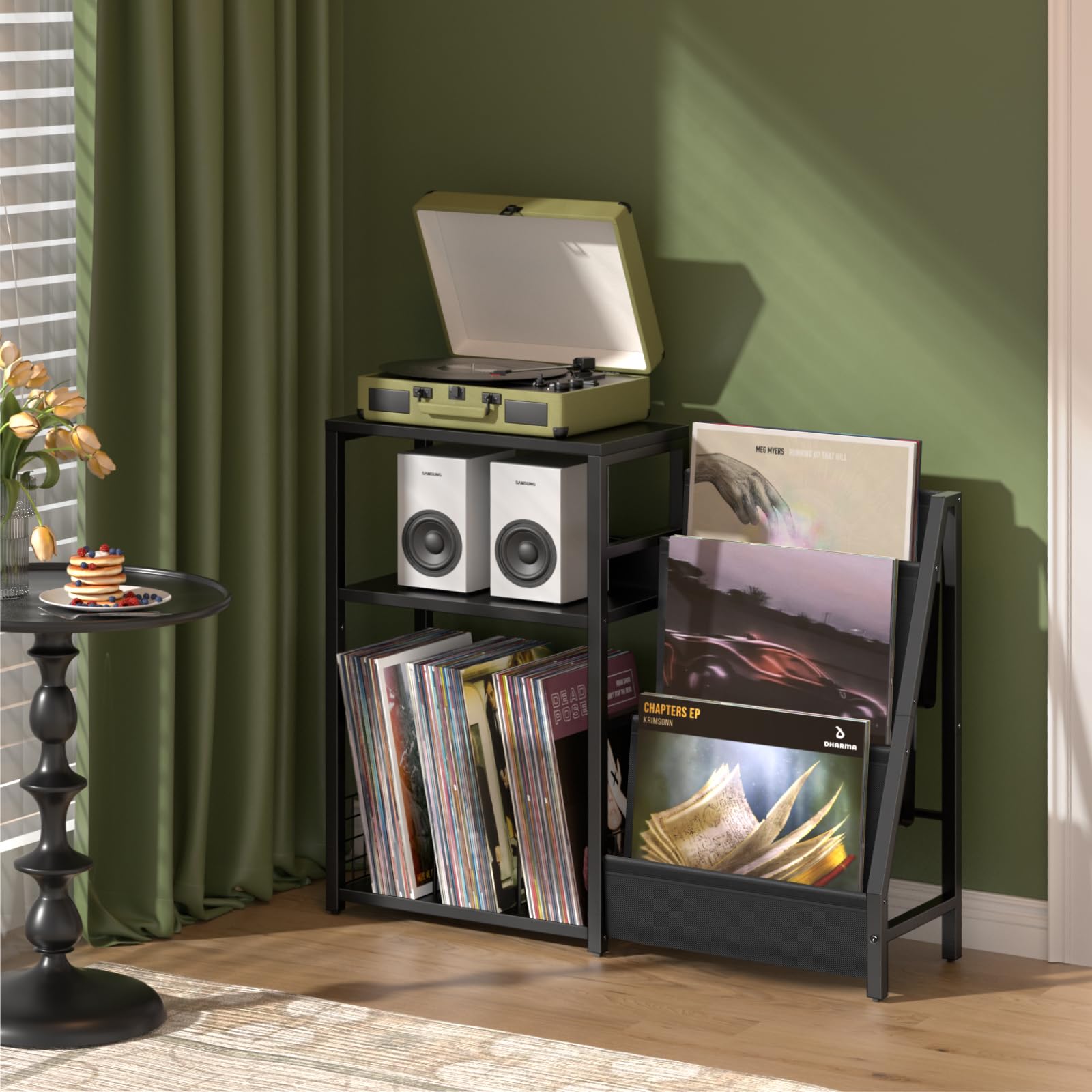 LELELINKY 3-Tier Black End Table with Vinyl Storage - Industrial Record Player Stand Holds 150+ Albums, Side Table with Display Shelf for Living Room, Bedroom & Office - Perfect for Organizing Vinyl Records, Books & Decor