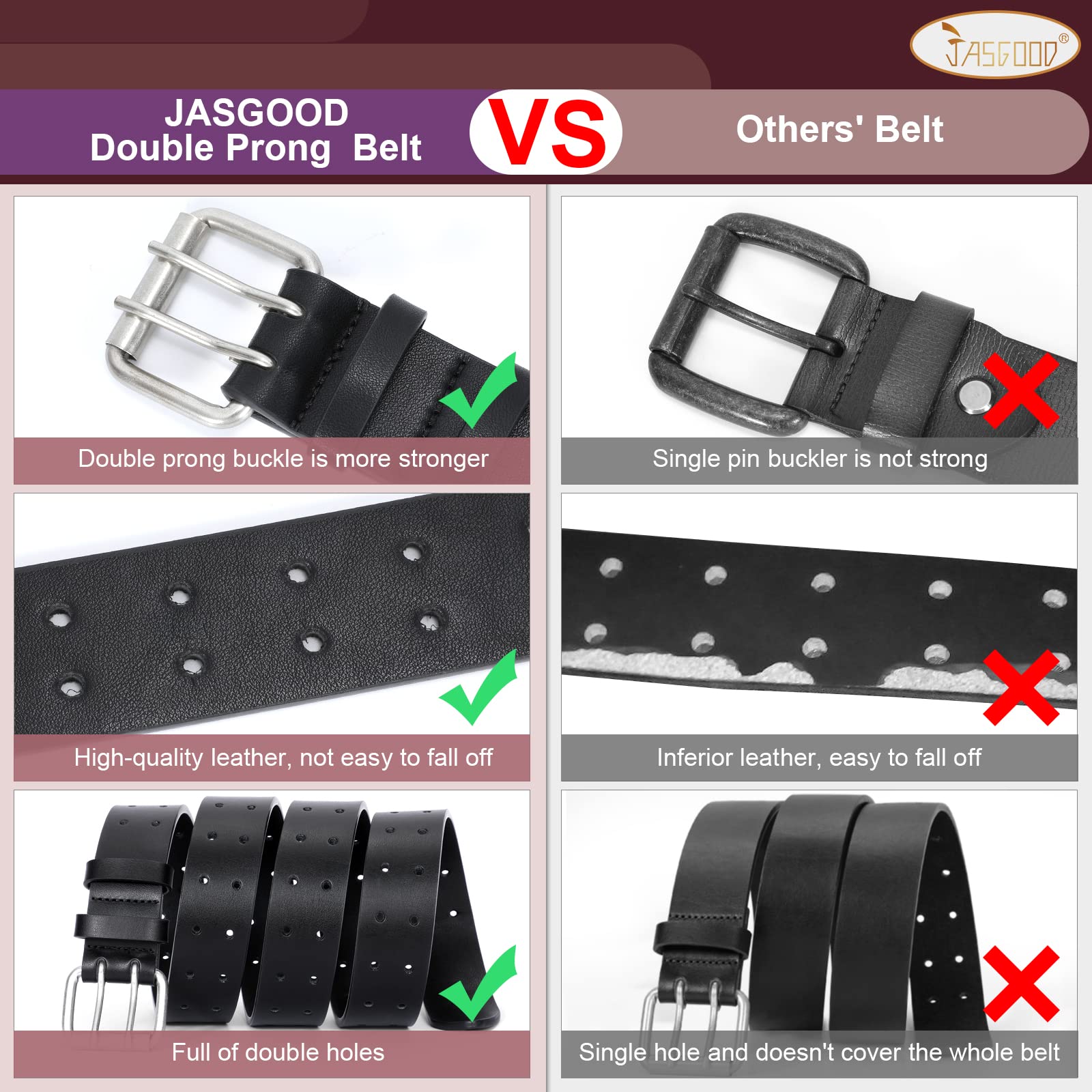 JASGOOL Men's Double Prong PU Leather Belt - Heavy Duty Casual Work Belt with Double Grommet Holes for Jeans | Perfect for Office, Business, and Everyday Wear