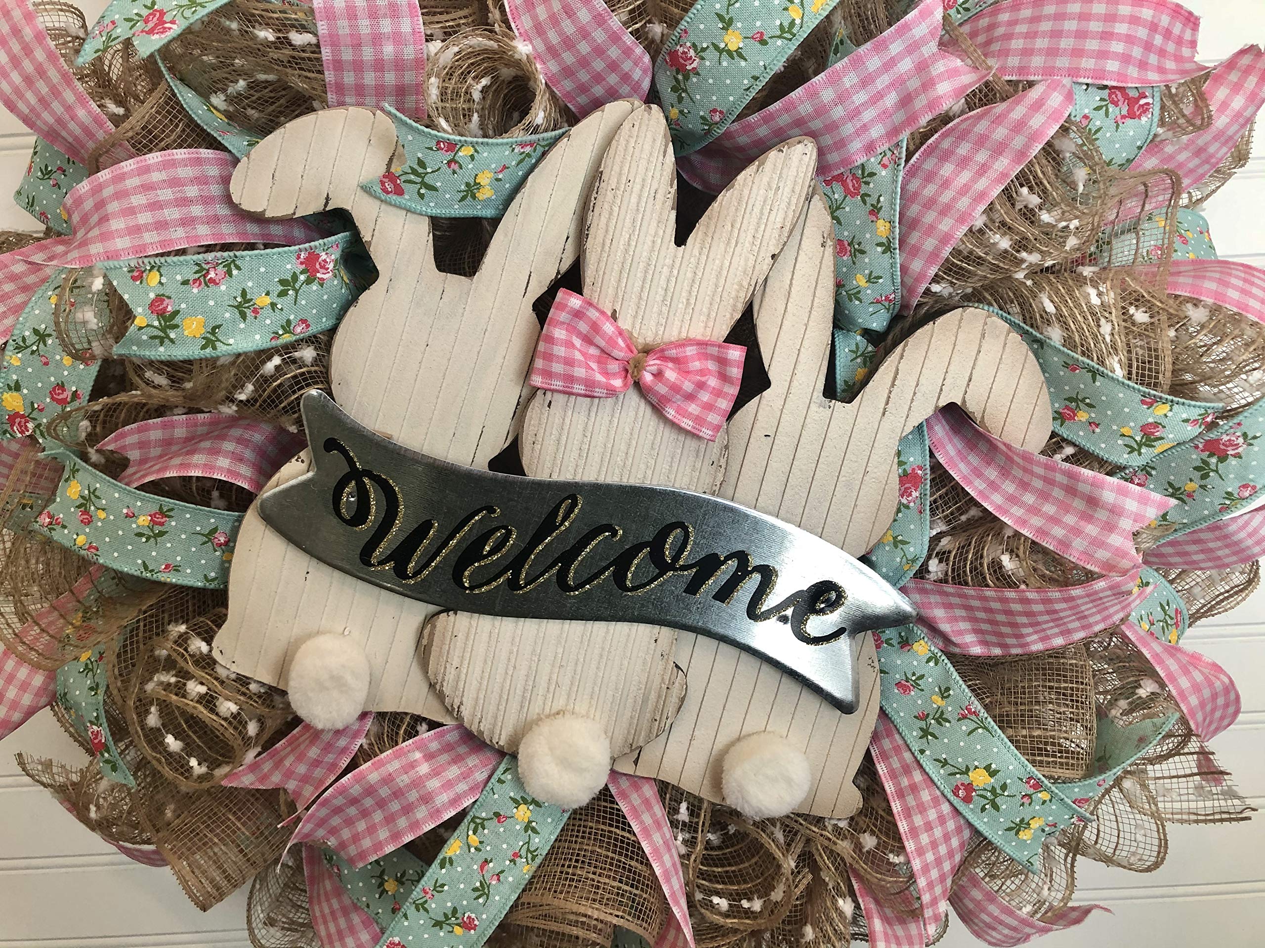 Rustic Spring Easter Bunny Wreath - Handmade Easter Door Decor with Burlap Bow - Perfect for Front Door, Mantel & Spring Home Decor - FREE Shipping