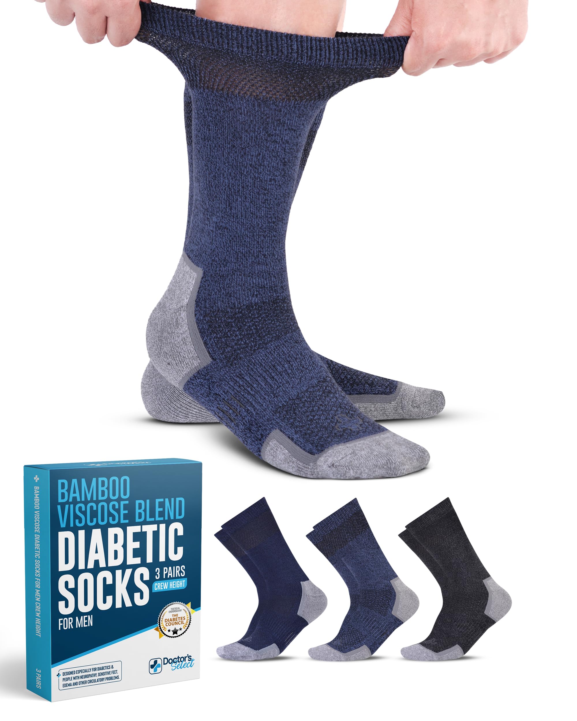 Doctor's Select Bamboo Viscose Diabetic Socks for Men - 3 Pairs Crew Socks for Neuropathy & Circulation | Soft Breathable Diabetic Socks for Daily Wear & Comfort