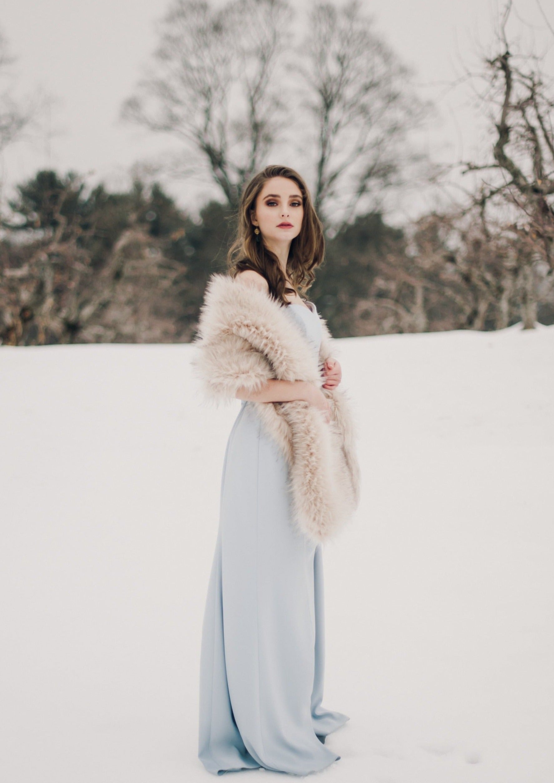 Lilian Blu02 Blush with Black Tips Bridal Faux Fur Shawl - Elegant Wedding Wrap for Winter Ceremonies & Formal Events
