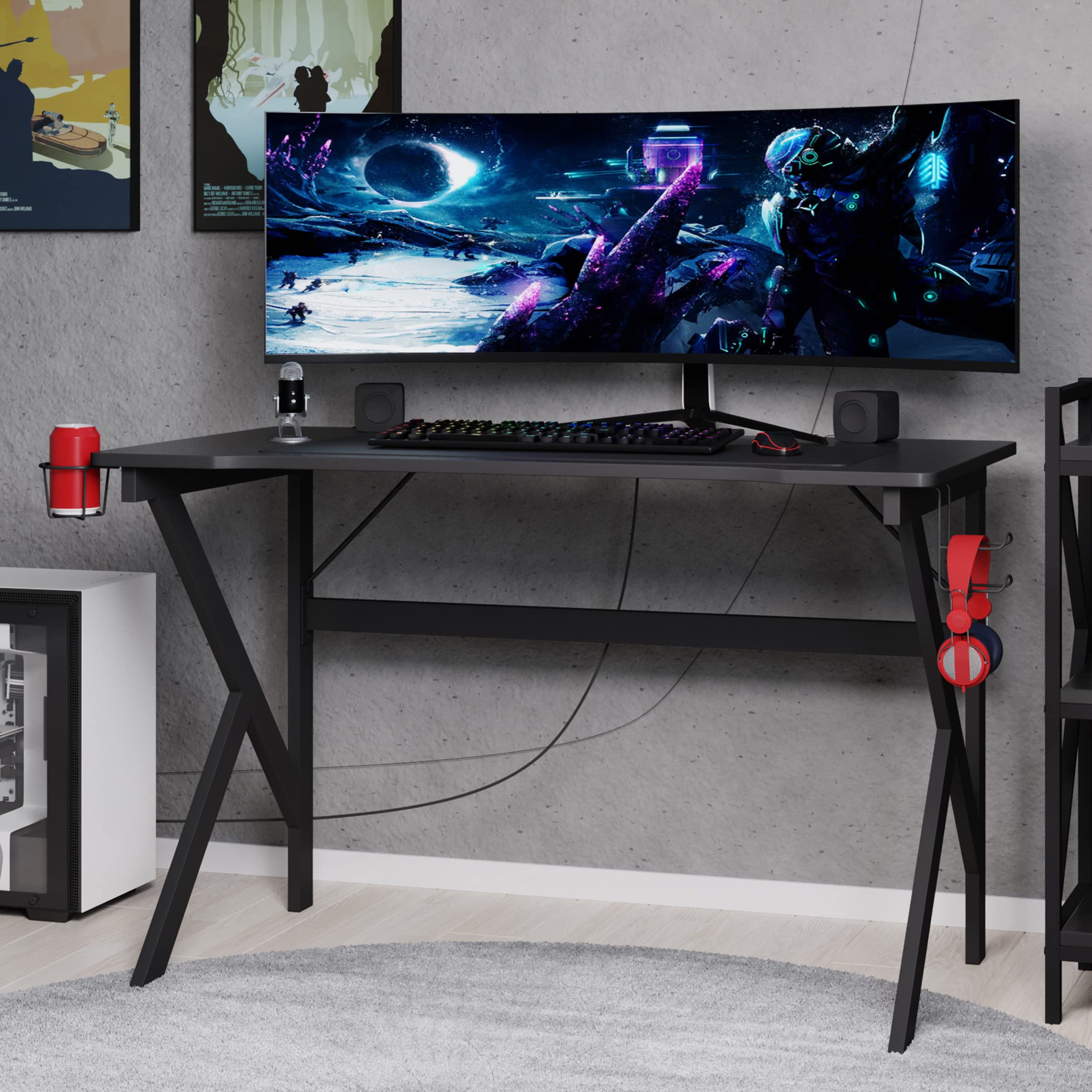Premium Gaming Computer Desk with Carbon Fiber Texture - Sturdy PC Desk with Cup Holder, Headphone Hook & Cable Management | Ergonomic K-Shaped Legs for Stability | Perfect for Gamers, Streamers & Home Office (Black) by Lavish Home