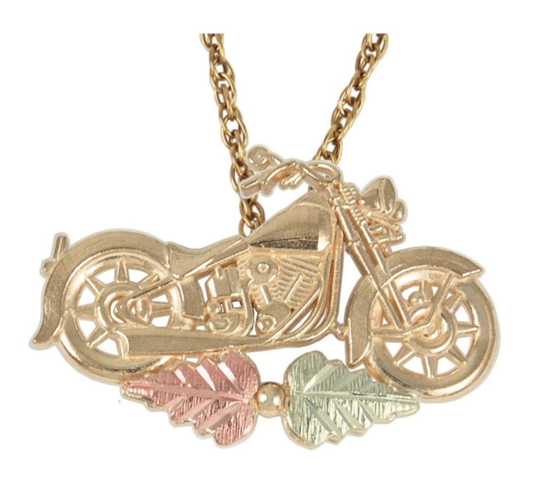 10K Yellow Gold Motorcycle Necklace for Women - 12K Green & Rose Gold Black Hills Gold Motif, 18