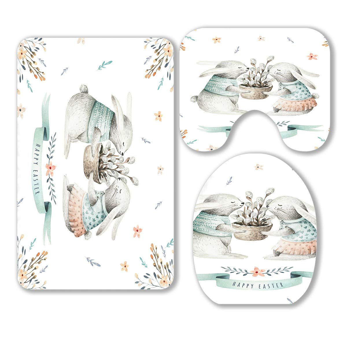 Easter Bunny Bathroom Rug Set - 3 Piece Cartoon Bunny Leaves Branches Feathers Bath Mat, Contour Rug & Toilet Lid Cover - Soft Non-Slip Bath Rugs for Easter Decor, Spring Home Decor & Kids Bathroom Accessories