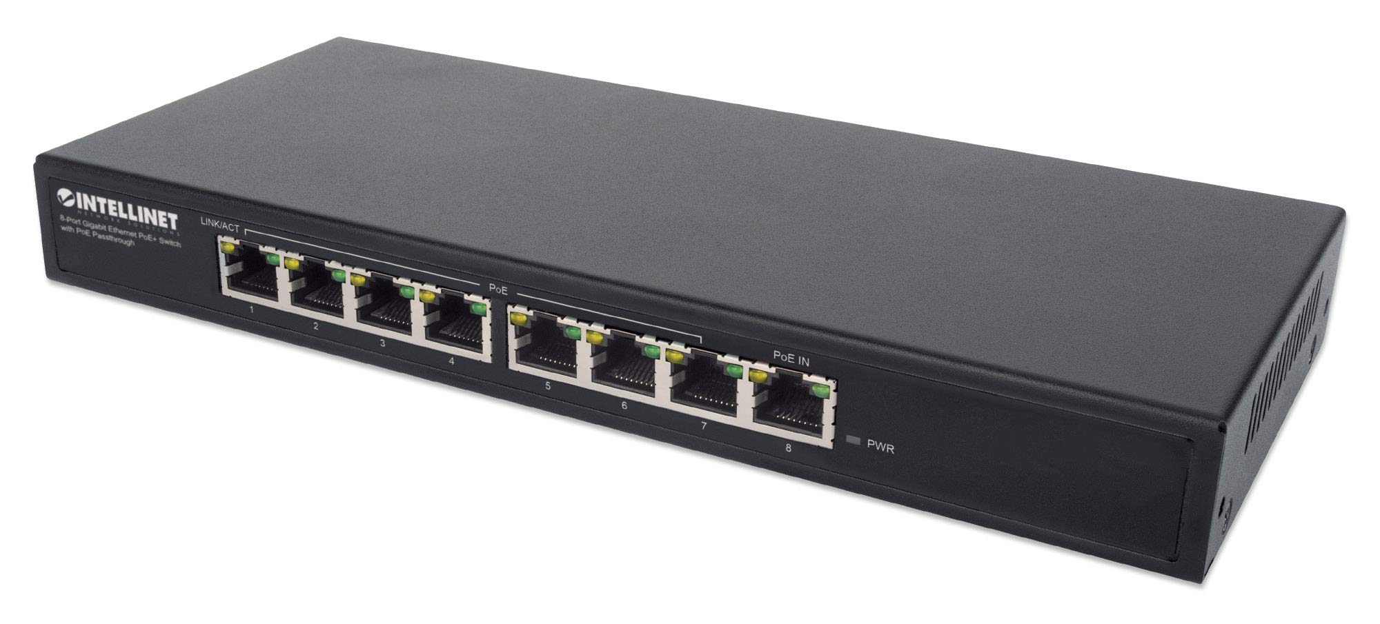 Intellinet 8-Port Gigabit PoE+ Switch with Passthrough - High-Speed Ethernet Network Switch for Home & Office (Black) - Perfect for IP Cameras, VoIP Phones & Wireless Access Points