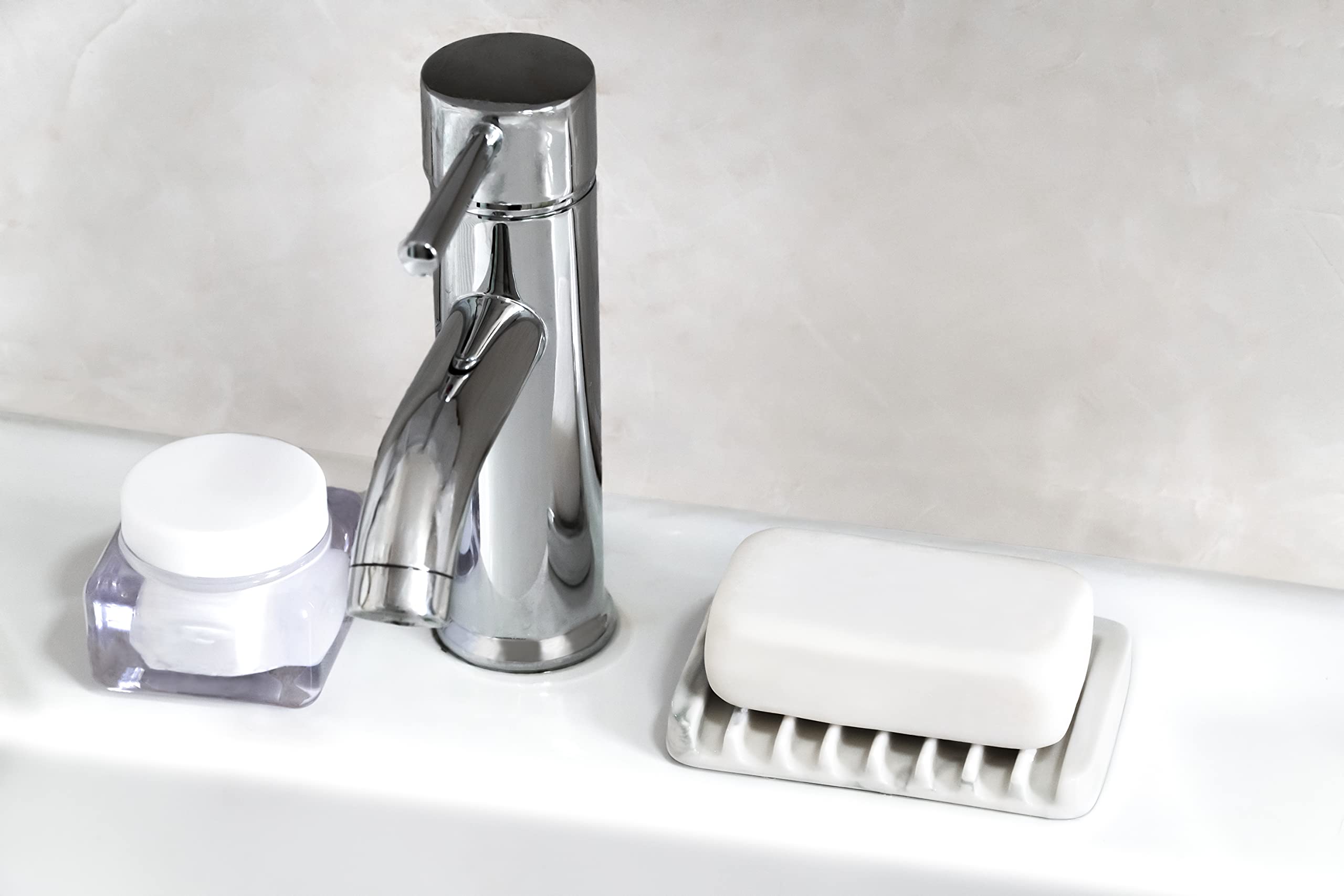 Ceramic Soap Dish for Sink - Self Draining Soap Holder for Bathroom & Kitchen - Marble Decor White Soap Saver for Shower, Bar Soap Container - Perfect for Countertop, Vanity, and Shower Organization