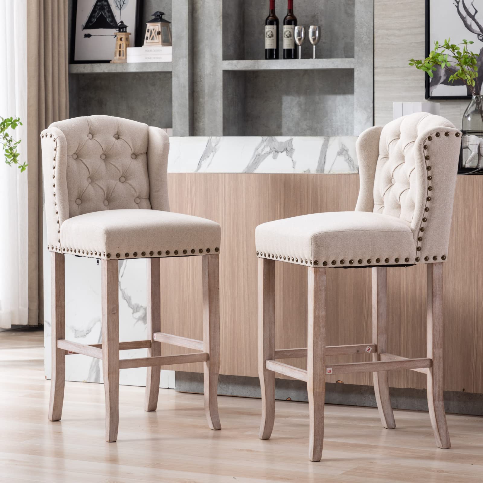 HEAH-YO Modern Bar Stools Set of 2 - 30 Inch Counter Height Barstools with Backrest & Wooden Legs, Upholstered Linen Fabric Kitchen Stools for Island, Breakfast Bar or Dining Room - Beige