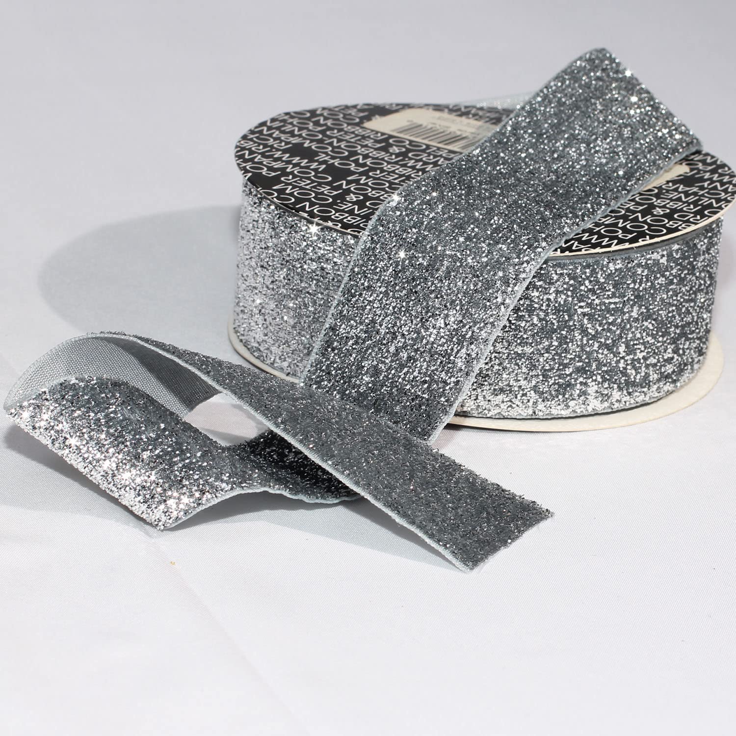 The Ribbon People Silver Glitter Woven Edge Velvet Craft Ribbon - 1.5 Inch x 11 Yards Bulk Roll for Gift Wrapping, DIY Crafts, Holiday Decorations & Scrapbooking