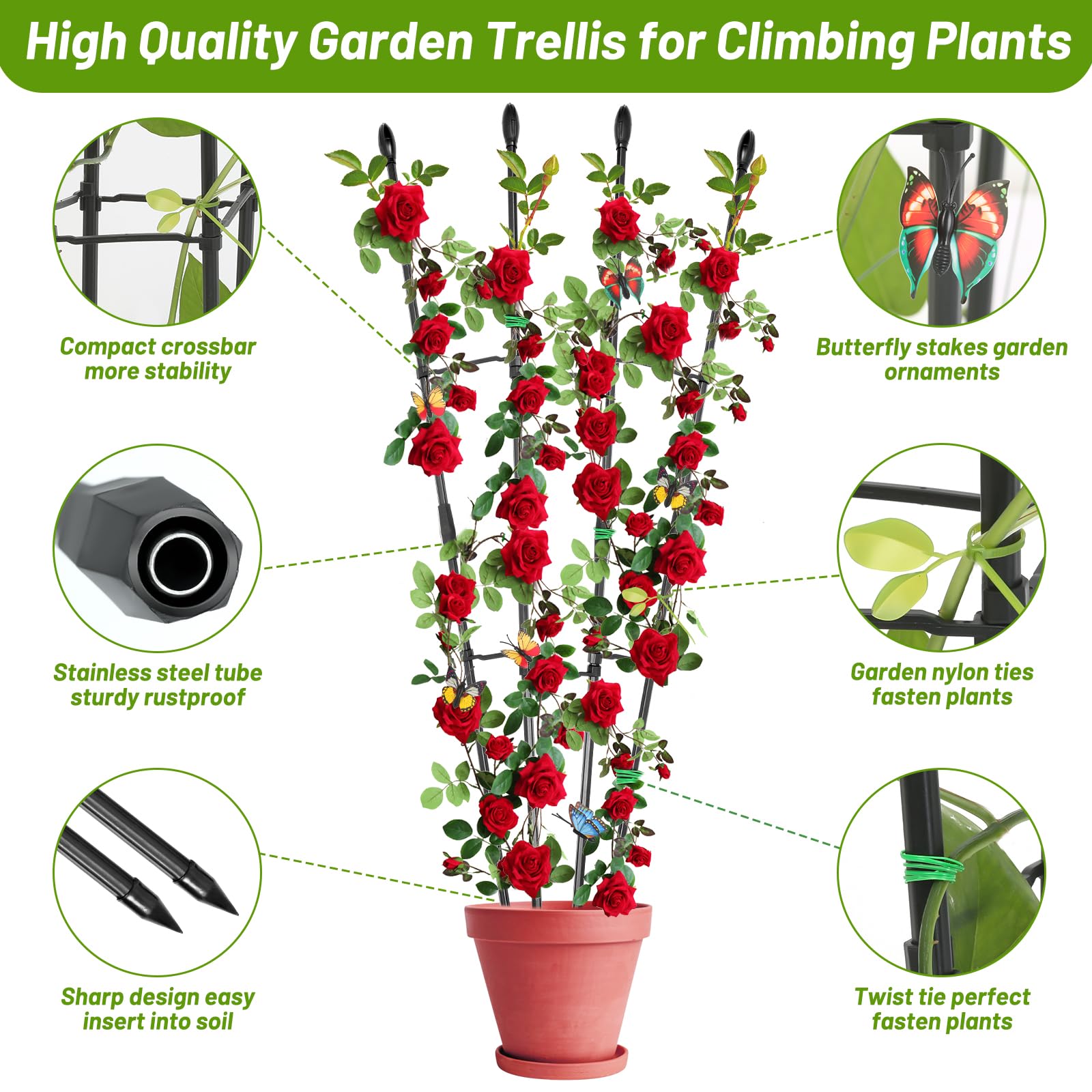 2 Pack 31.49 Inch Garden Trellis for Climbing Plants - Indoor & Outdoor Plant Support with Twist Ties & Butterfly Stakes - Perfect for Potted Vines, Roses, Tomatoes & Home Garden Decor