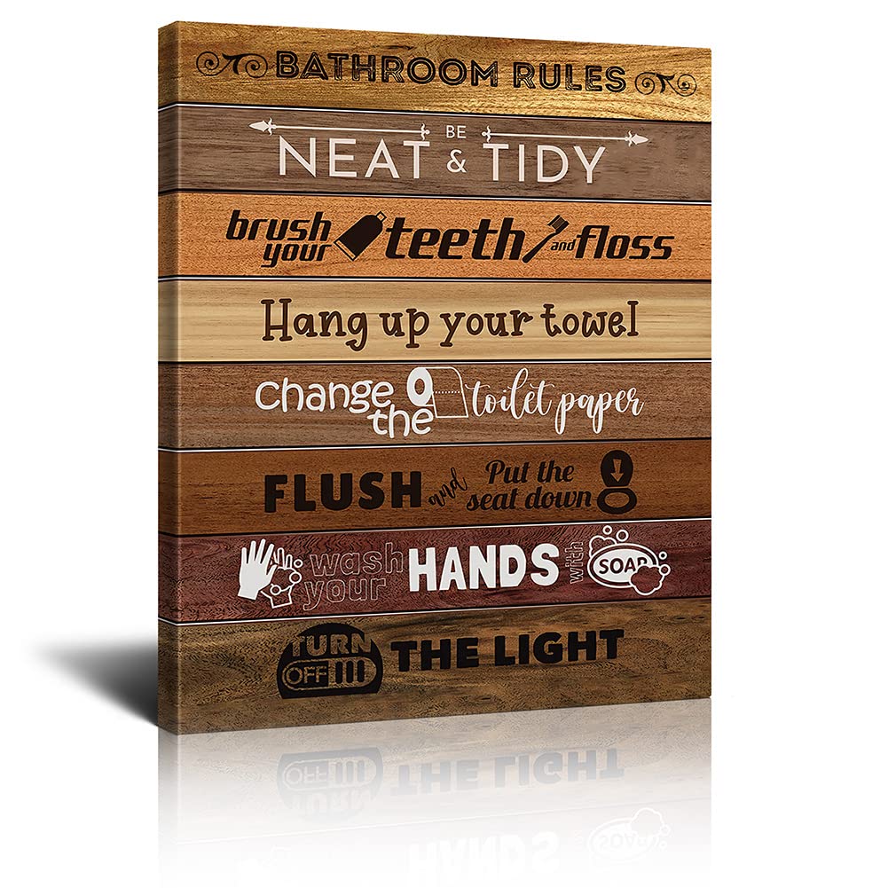 Rustic Bathroom Wall Art - Funny Bathroom Rules Print with Framed Wood Background, 12x16 Inch Modern Home Decor for Bathroom, Living Room & Office