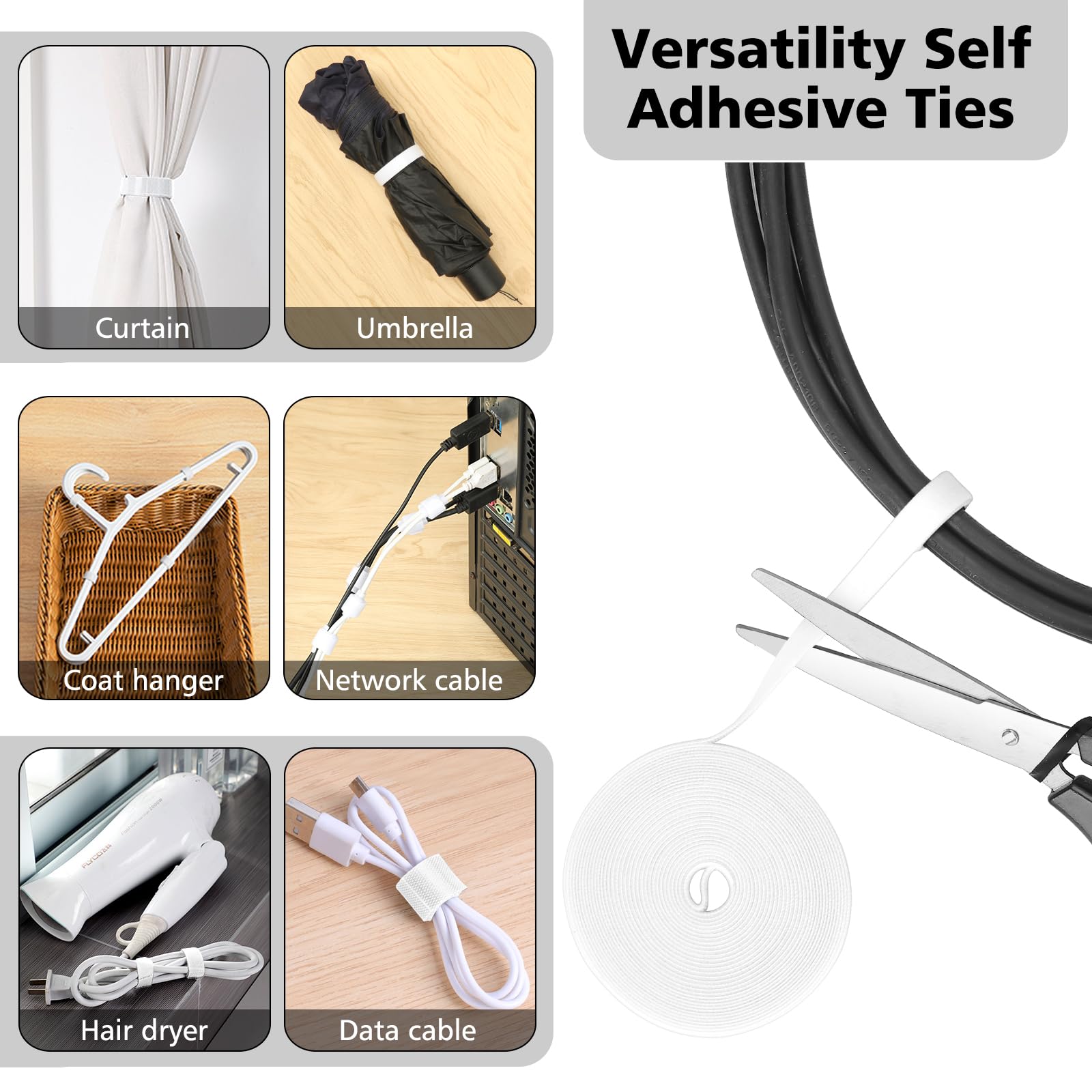 White Cable Management Organizer Kit - 2 Wire Sleeve Protectors, 41 Self-Adhesive Cable Clips, 10 Reusable Cable Ties + 2 Rolls, 100 Zip Ties for TV Computer Desk Cord Organization - Perfect for Home Office, Gaming Setup & Under Desk Wire Management