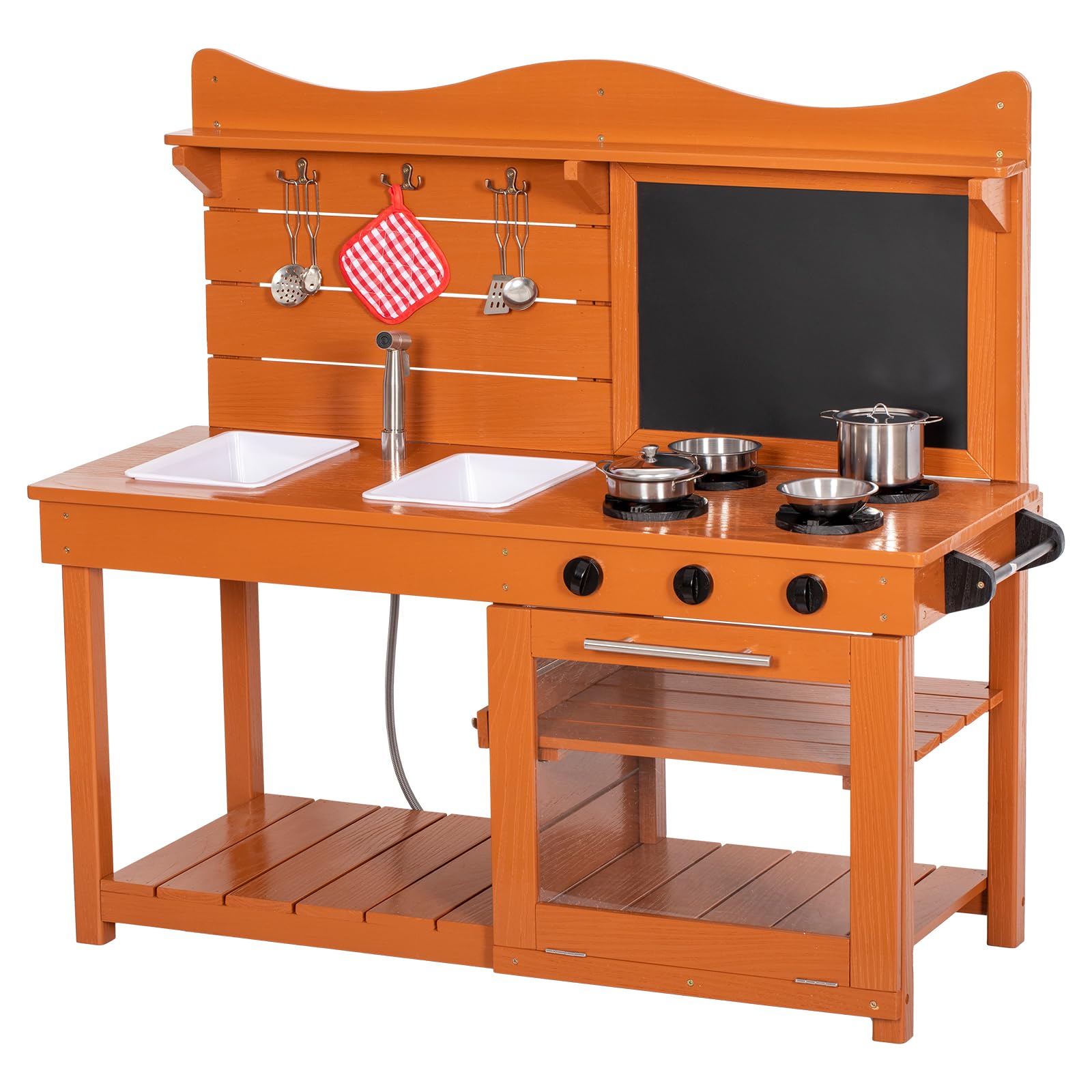**Wooden Kids Mud Kitchen Playset with 2 Removable Sinks, Spray Pipe, Blackboard & Kitchenware - Outdoor Pretend Play Toy for Toddlers, Boys & Girls - Perfect for Backyard, Garden & Imaginative Play**