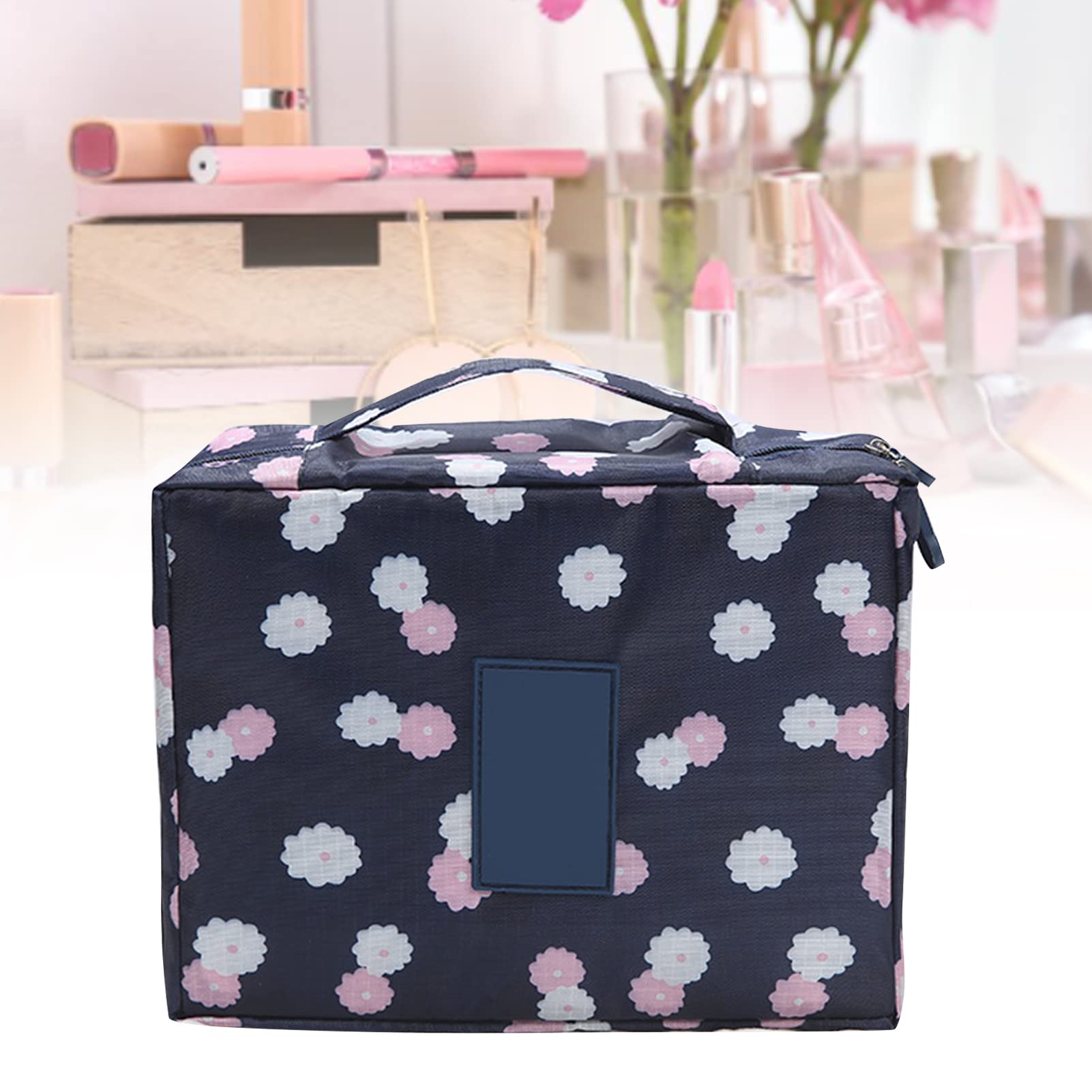Waterproof Tetragonum Makeup Bag with Sturdy Handle - Travel Cosmetic Organizer for Women, Navy Blue - Perfect for Airplane Carry-on, Gym & Daily Essentials Storage
