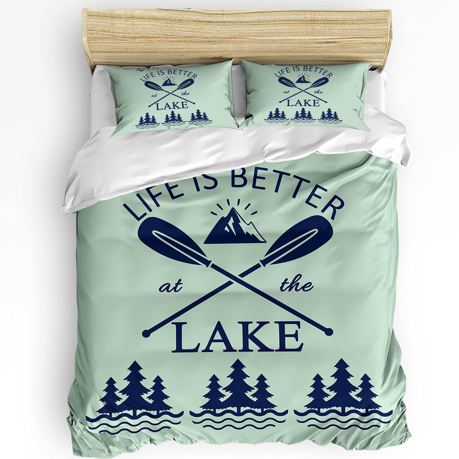 ALAGEO 3-Piece Duvet Cover Set - Life is Better at The Lake Pine Forest & Oars Design - Soft Washable Full/Queen Comforter Cover with Pillowcases - Perfect for Lakeside Cabins, Rustic Bedrooms & Cozy Retreats