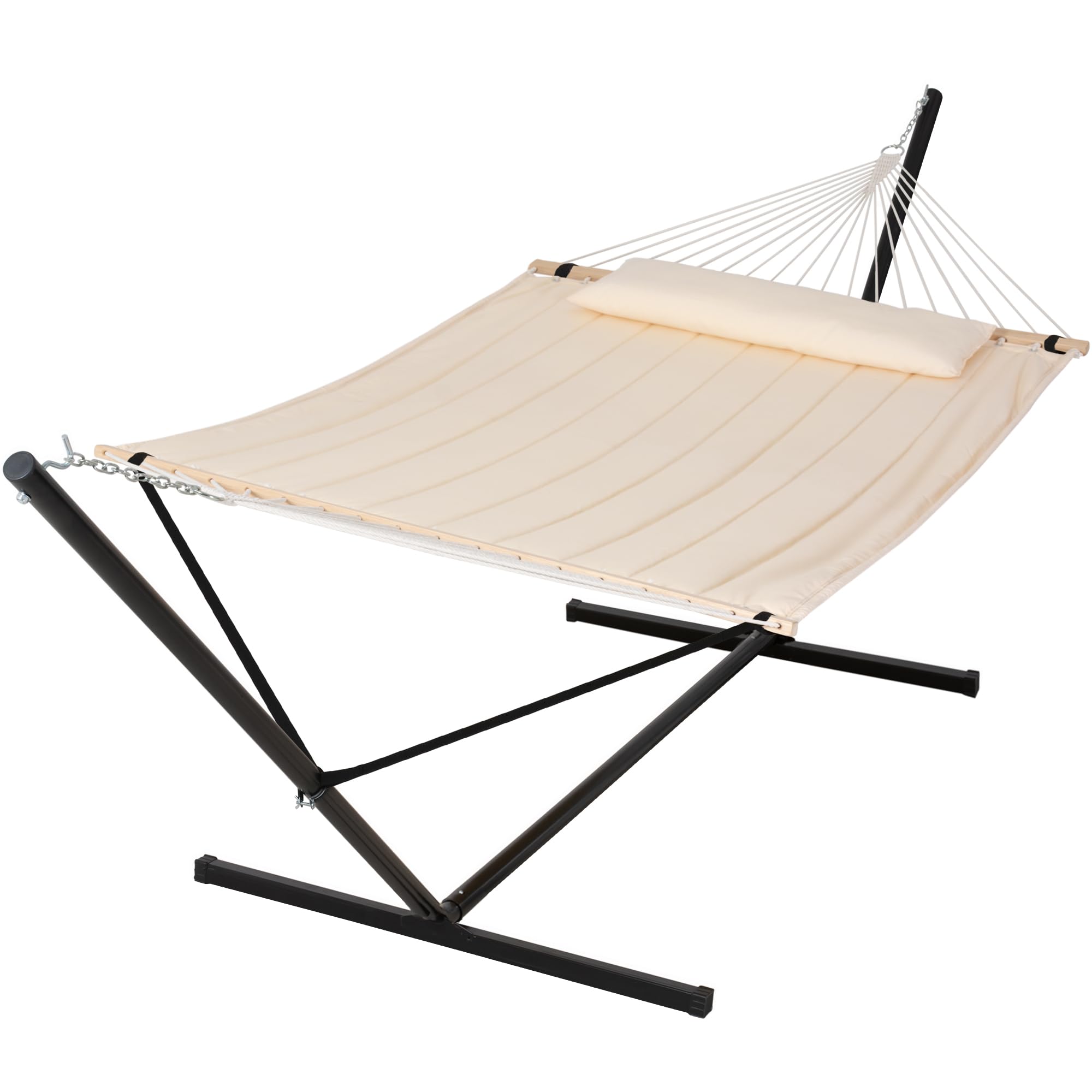 **SUNCREAT Double Outdoor Hammock with 15 ft Stand – Heavy Duty Patio Hammock for Backyard, Garden, or Beach – Beige – Perfect for Relaxing, Lounging, and Sunbathing**