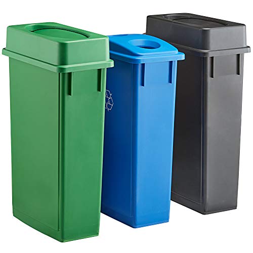 92 Qt. 23 Gallon 87 Liter 3-Stream Slim Rectangular Recycling Station with Black, Green & Blue Lids - Includes Trash Bags - Perfect for Kitchen, Office & Outdoor Waste Sorting & Recycling