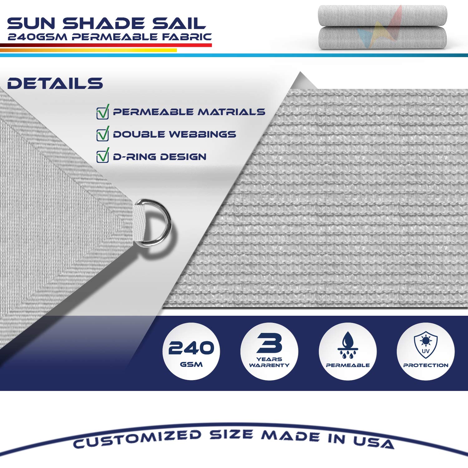 6' x 7' UV Block Sun Shade Sail Canopy Cover with Grommets & D-Rings - Light Gray Outdoor Straight Edge Sun Protection for Pergola, Backyard, Patio - Perfect for Shading Play Areas, Poolside Lounging and Garden Relaxation