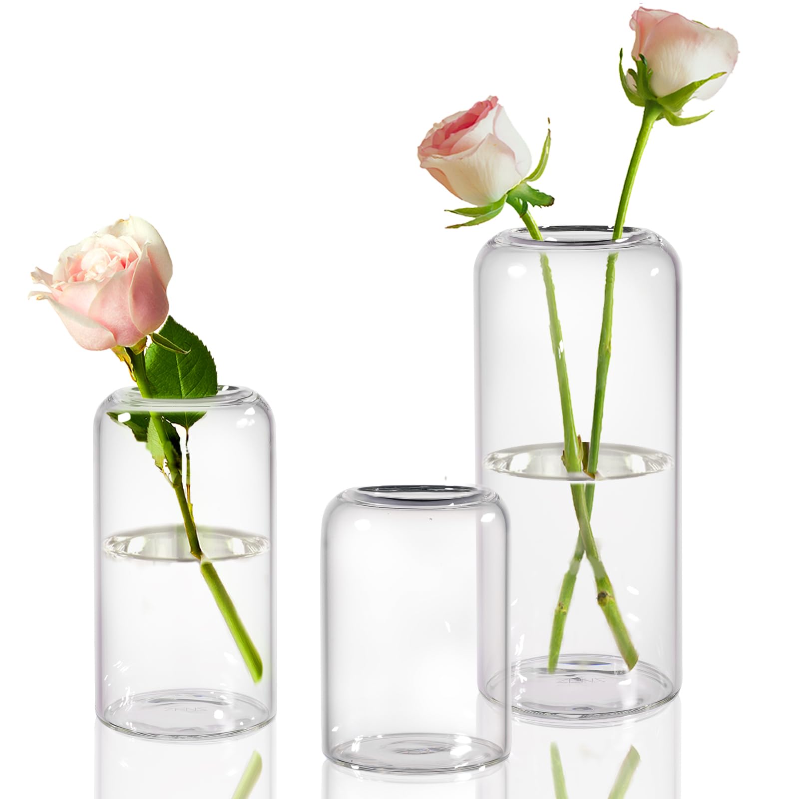ZENS Set of 3 Modern Glass Bud Vases - Thick Blown Glass Small Flower Vases for Wedding Centerpieces, Home Decor, Bathroom & Party Events - Perfect for Fresh Flowers, Table Decorations and Gift Giving