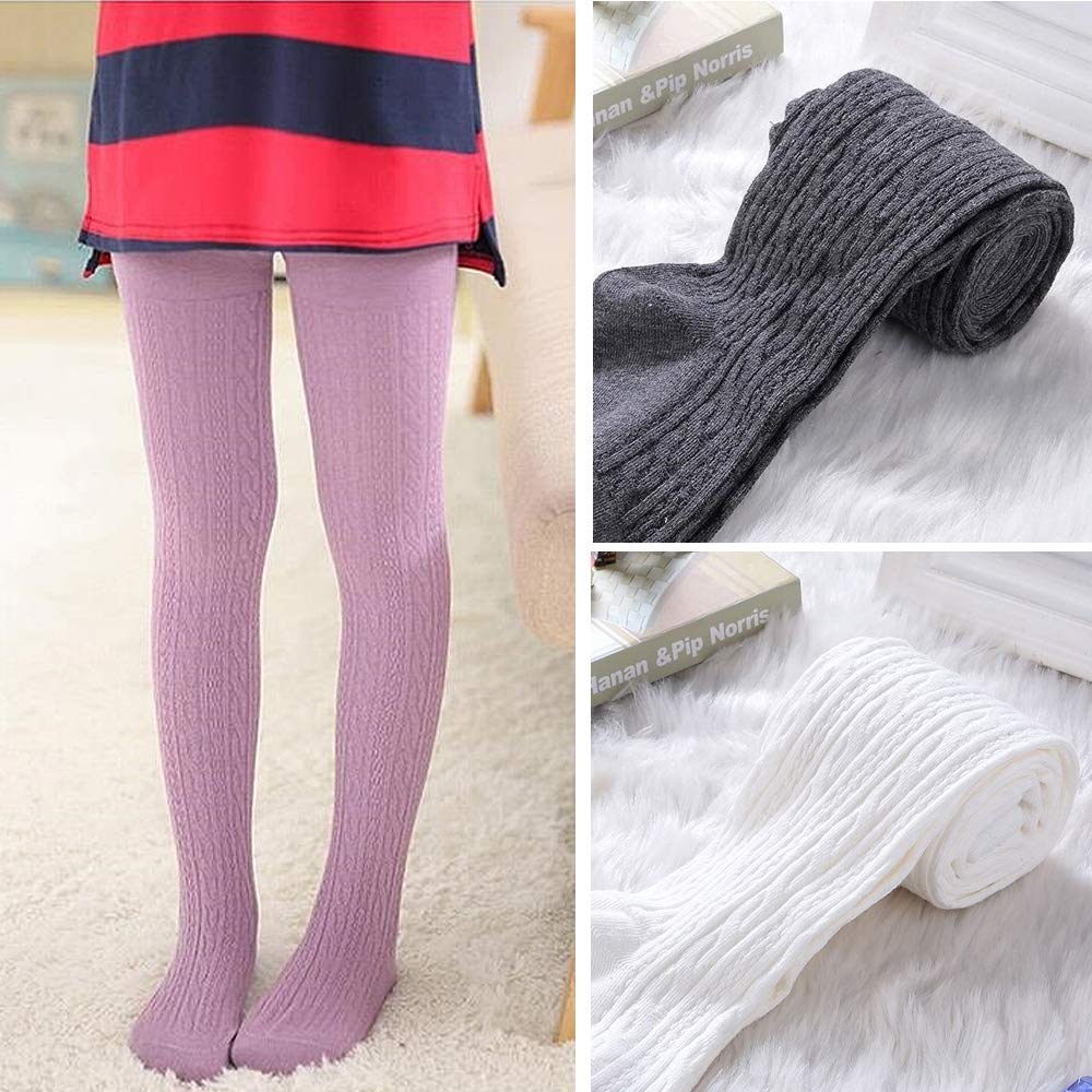 TechCity Girls' Seamless Cotton Cable Knit Leggings for Toddlers 2-14 Years - Soft Warm Tights for School, Play & Winter Outfits