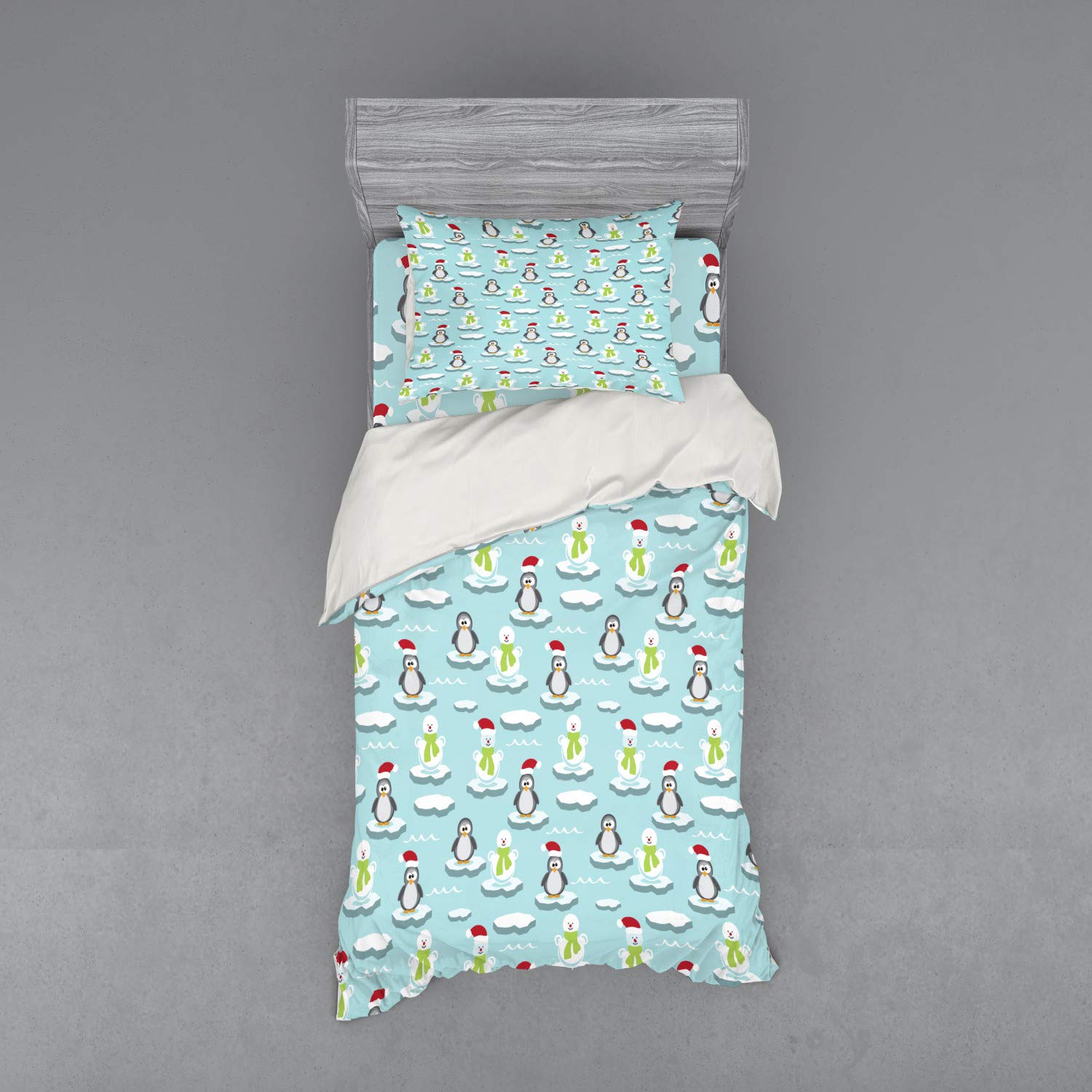 Ambesonne Funny Penguins & Snowmen Duvet Cover Set - Antarctica Cartoon Design with Caps & Scarves, 3-Piece Twin Size Bedding (Fitted Sheet + Sham) - Perfect for Kids' Rooms & Winter Themed Bedrooms