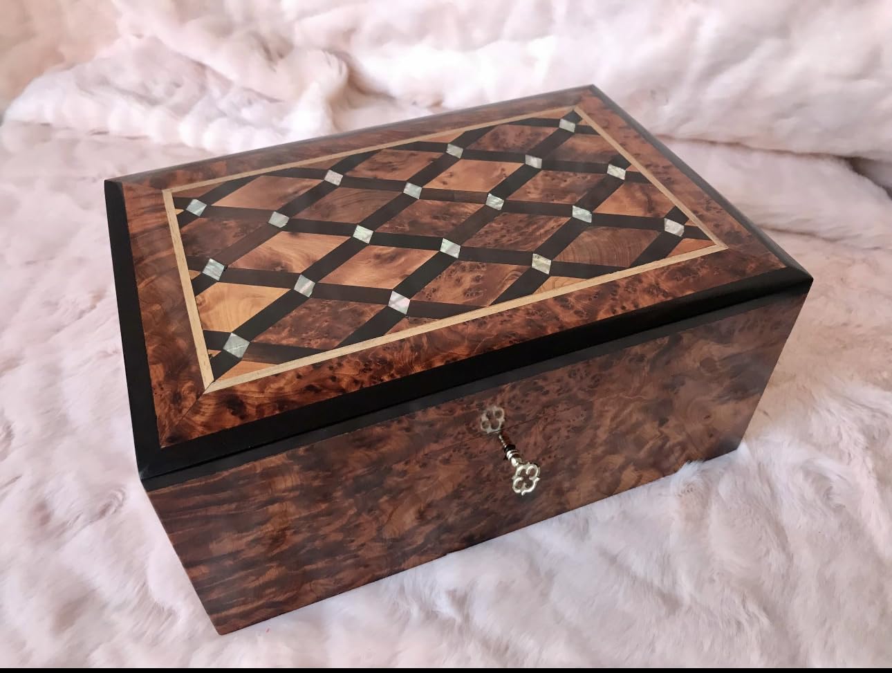 Hand Carved Wooden Jewelry Box - Thuya Burl & Ebony Wood Inlaid with Mother of Pearl - Large Antique Keepsake Storage Box with Lock - Perfect for Organizing Jewelry, Valuables & Home Decor