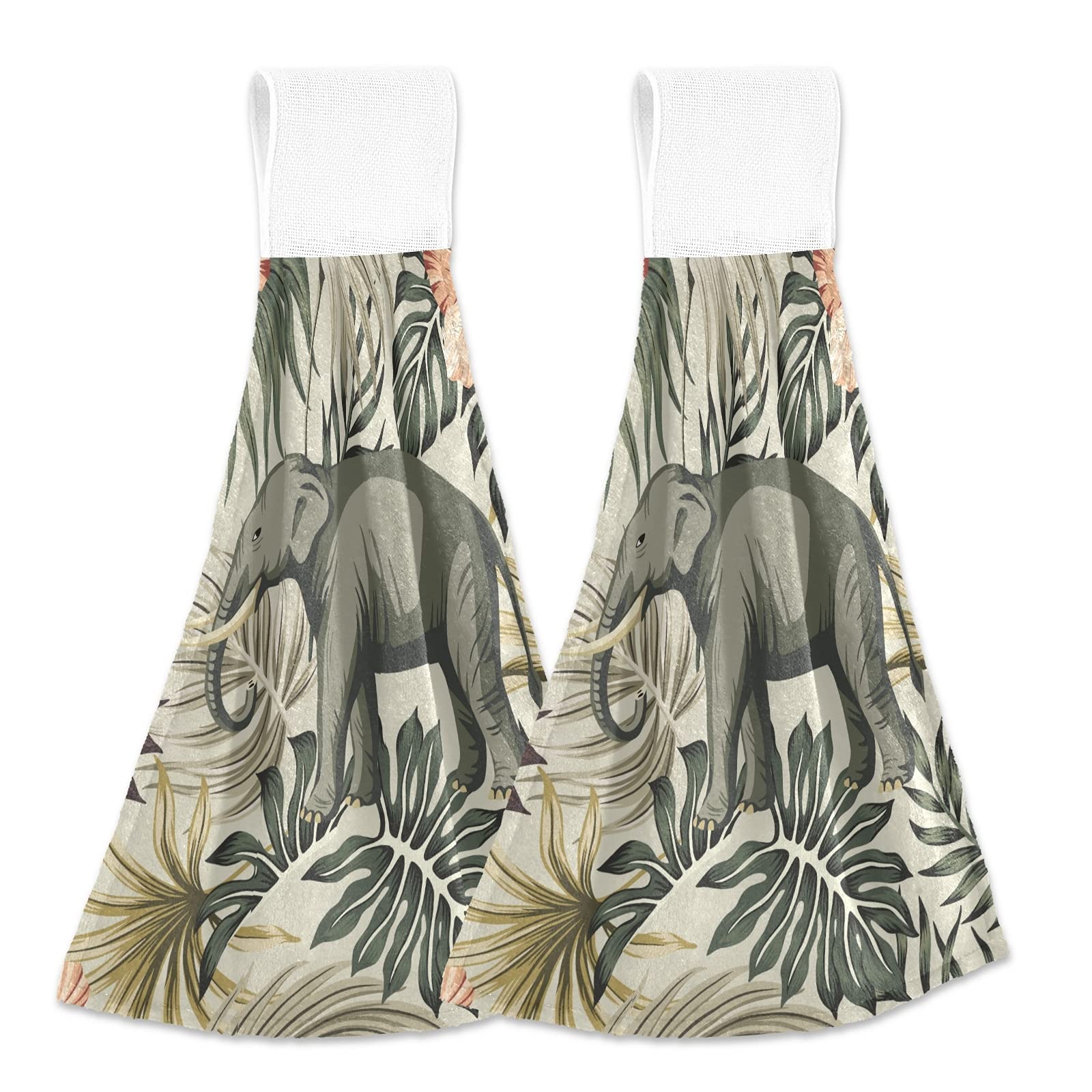 Premium Vintage Elephant Print Kitchen Hand Towels - 2 Pack Fast Drying, Super Absorbent & Soft Hanging Towels for Kitchen, Bathroom - Perfect for Cooking, Cleaning & Home Decor (Tropical Animal Theme)