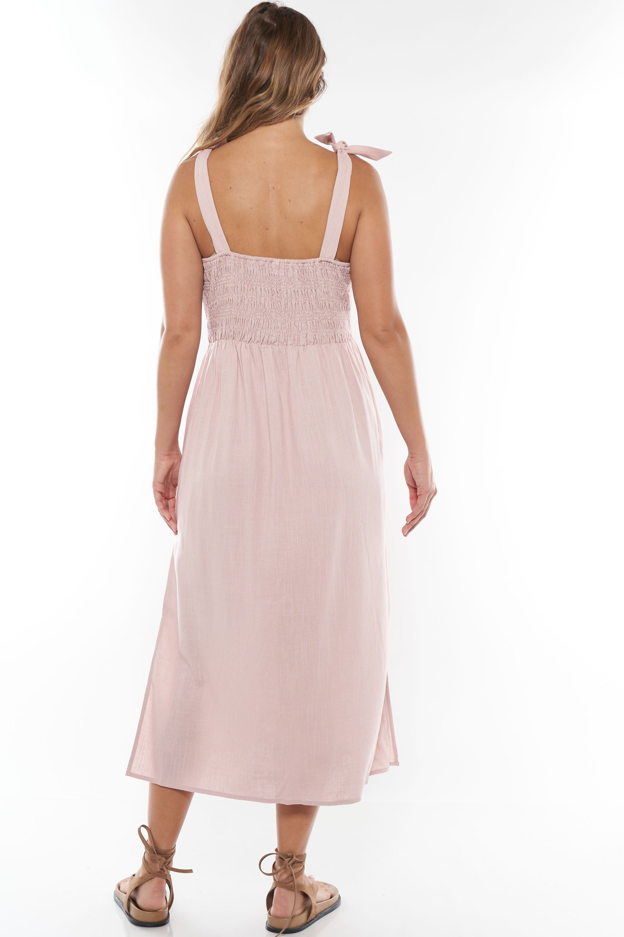 Breeze Along Midi Dress in Blush - Flowy Summer Dress for Beach, Wedding & Casual Wear