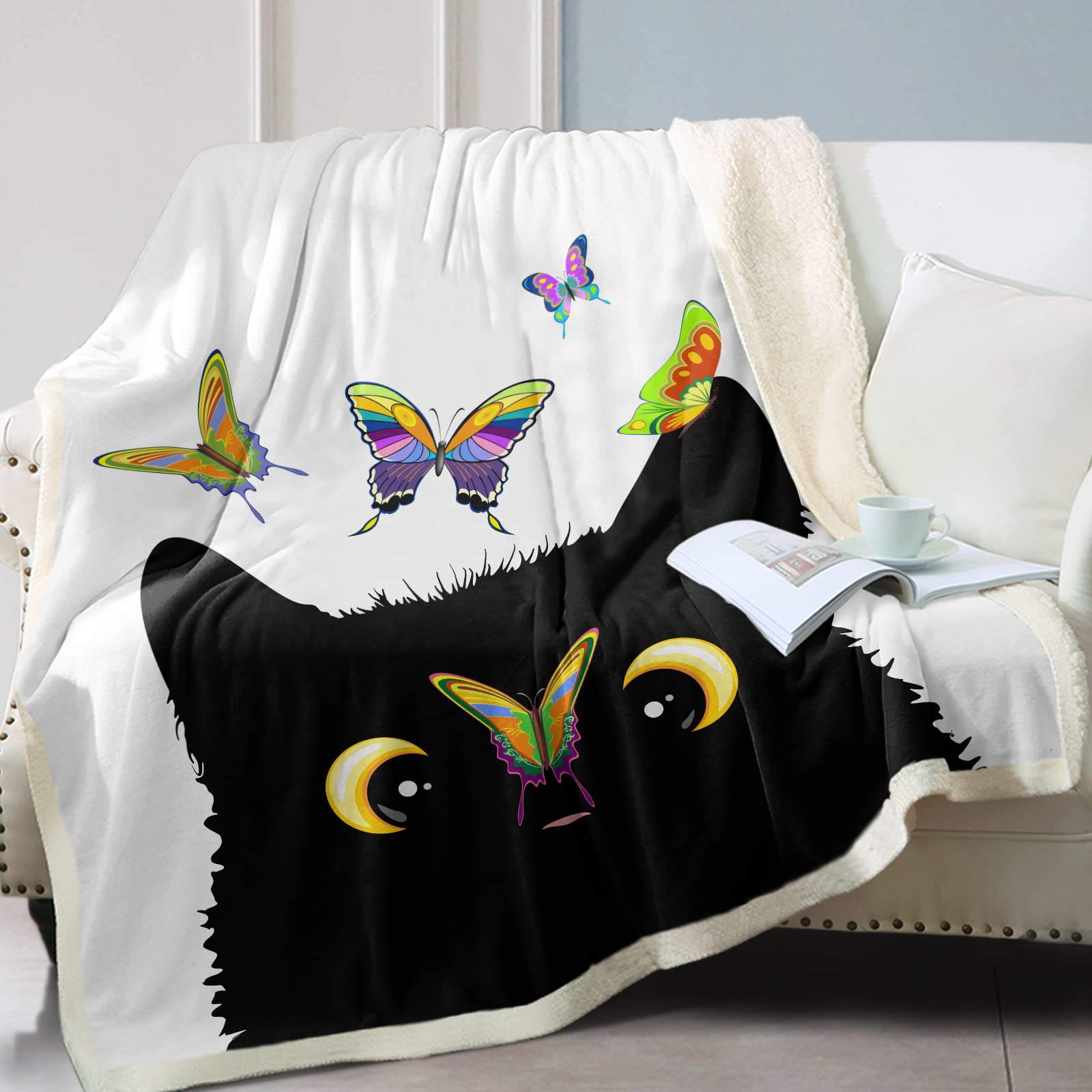 SOULZZZ Soft Fleece Sherpa Cat Blanket for Women & Girls - Cozy Plush Kitten Throw for Cat Lovers (90x90 Inches, Black) - Perfect for Cuddling, Sofa Lounging & Bedroom Decor