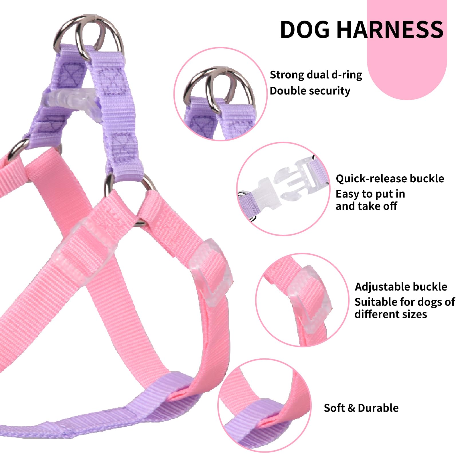 AIITLE Upgraded No-Pull Dog Harness with Padded Handle - Escape-Proof Easy Walk Harness Collar Leash Set for Small Dogs (Pink-Purple) - Perfect for Training, Walking & Outdoor Adventures
